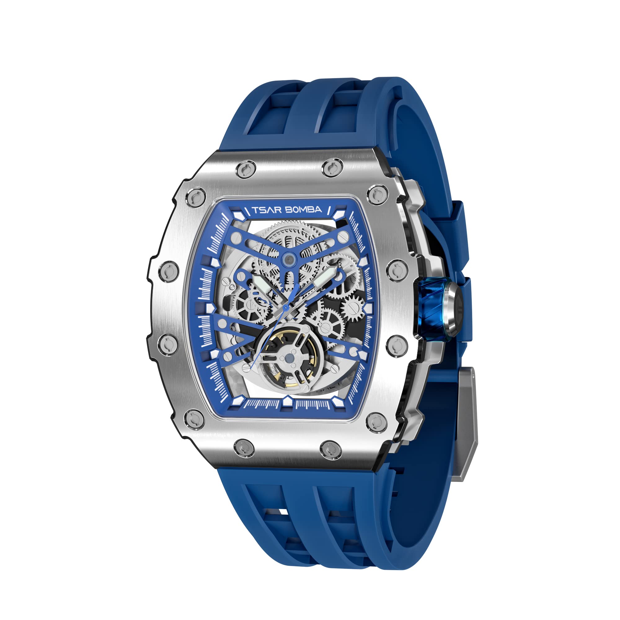 TSAR BOMBA Luxury Automatic Men's Watch - Square Skeleton Tonneau Design with Japanese Movement, 50M Waterproof, Sapphire Crystal Glass - Silicone/FKM Rubber Strap - Perfect for Business, Casual & Formal Wear - Ideal Gift for Men