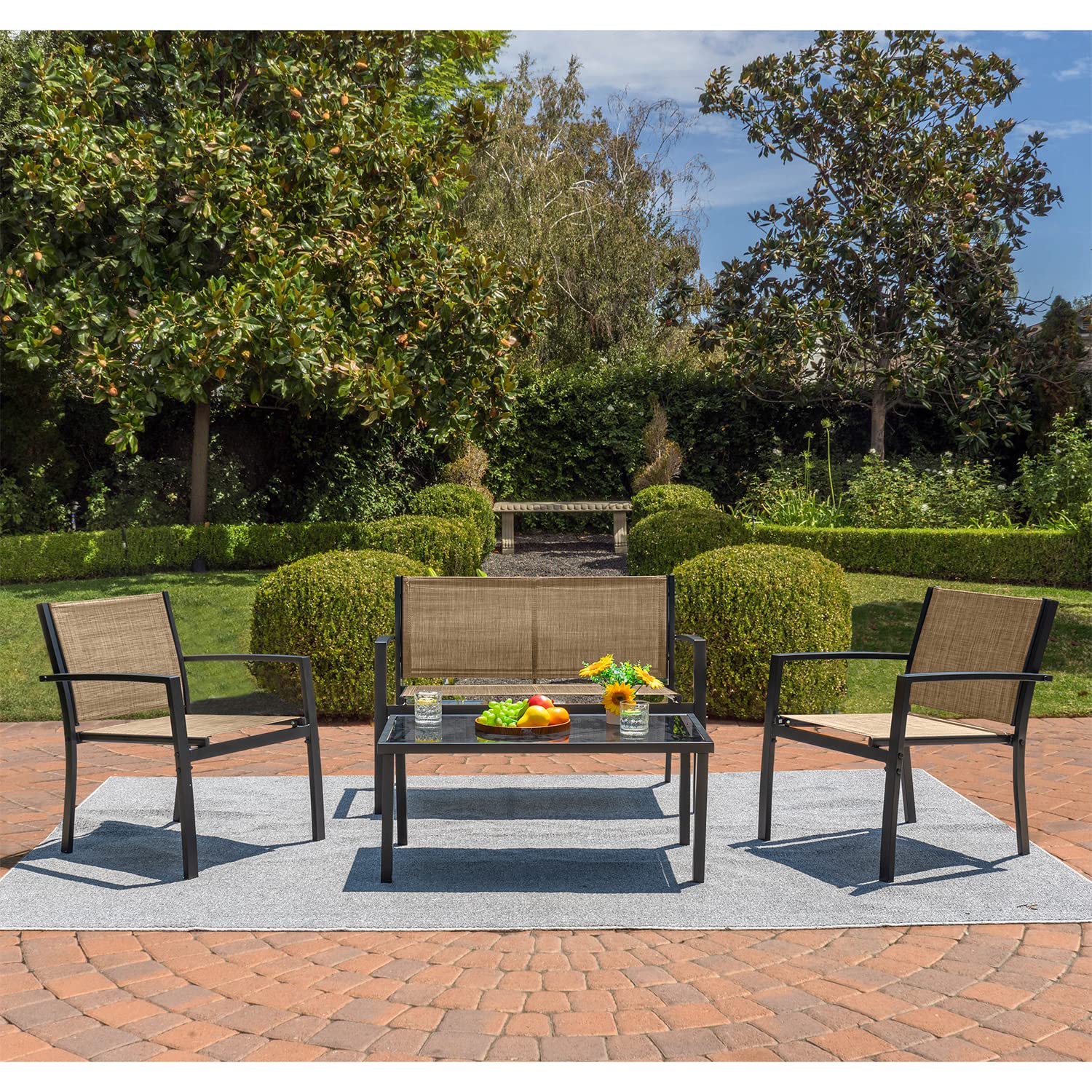 Devoko 4-Piece Outdoor Patio Furniture Set - Yellow Garden Conversation Set with Glass Coffee Table for Poolside, Lawn, Porch & Backyard Relaxation