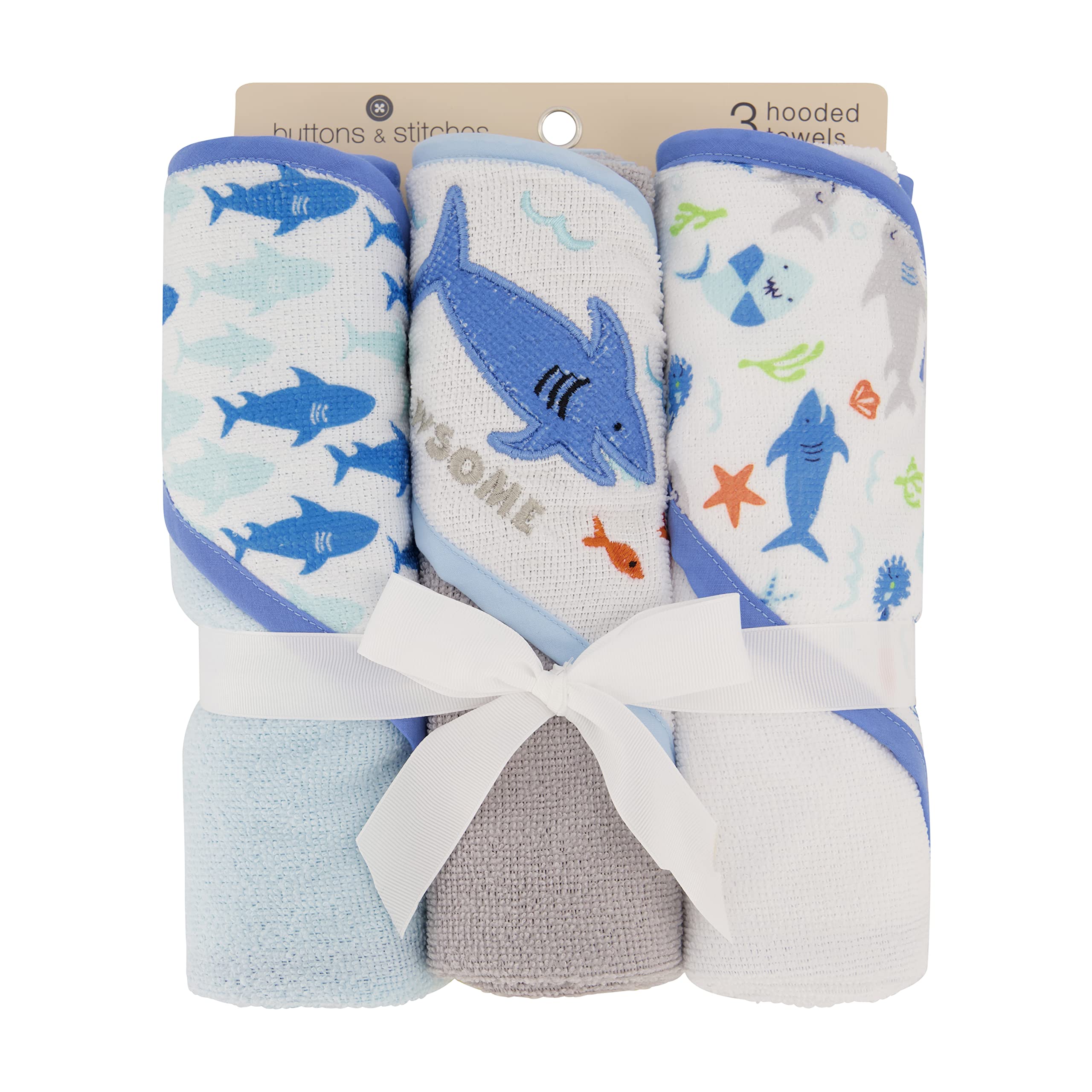 Cudlie Buttons & Stitches 3 Pack Baby Boy Hooded Towels - Soft Rolled/Carded Bath Towels with Jawsome Shark Print (GS71723) - Perfect for Newborn, Infant & Toddler Bath Time, Swimming & Beach Outings