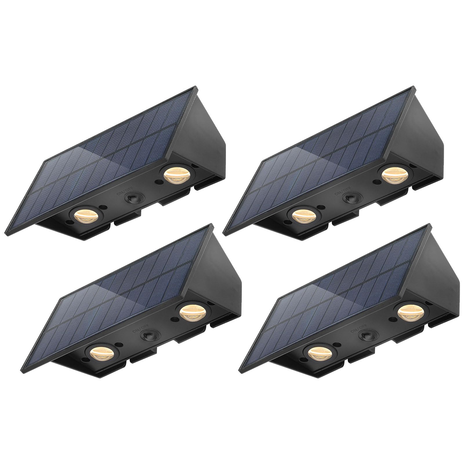 Solar Powered Outdoor Wall Lights Up and Down 4 Pack - 4 LED Waterproof Exterior Wall Sconces with IP65 Rating - Warm White Lighting for Yard, Garden, Garage, Pool & Deck - Perfect for Pathway, Patio, Porch and Landscape Illumination