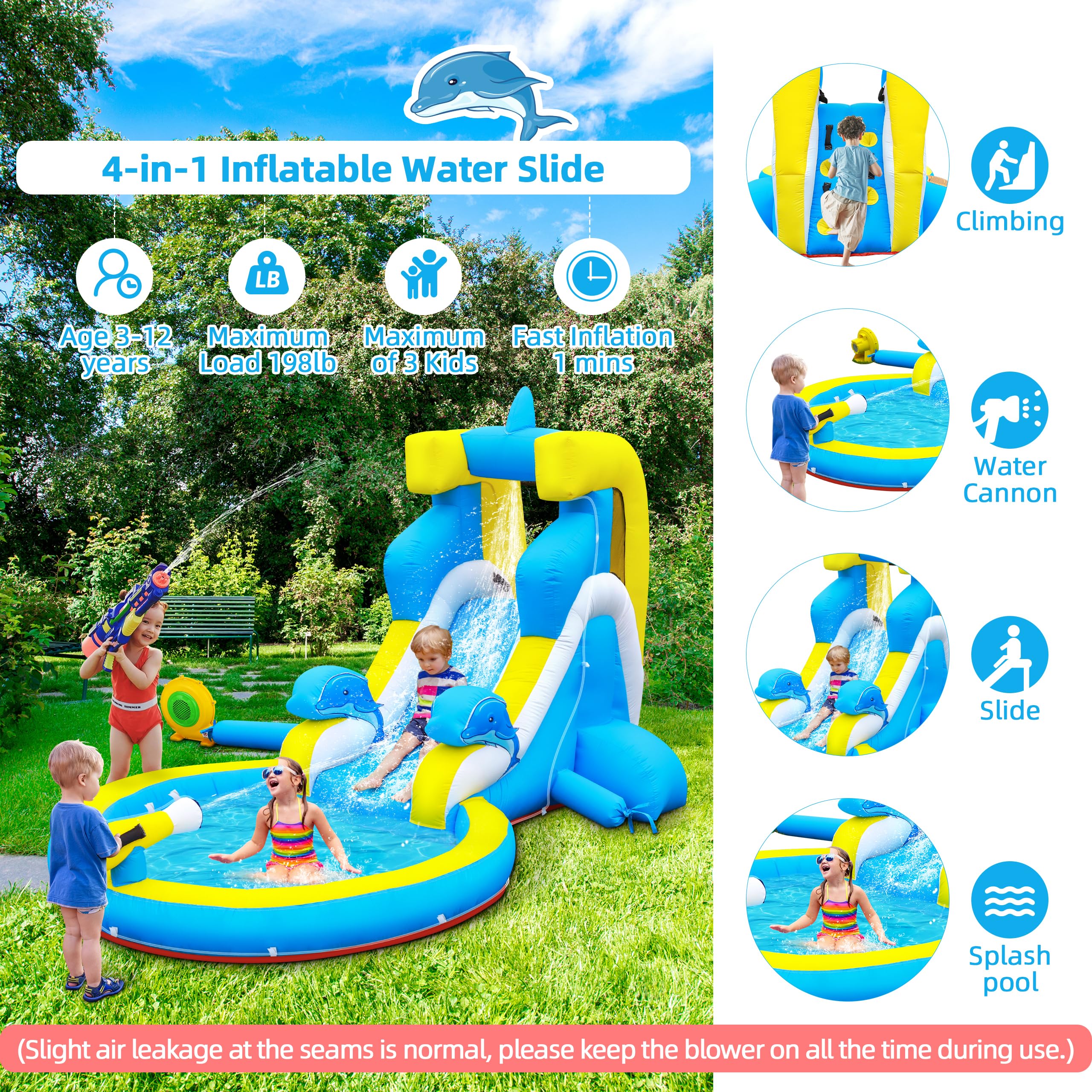 **Inflatable Water Slide for Kids - 4-in-1 Bounce House with Climbing Wall, Splash Pool & Water Cannon - 370W Blower - Wet & Dry Play - Indoor & Outdoor Backyard Birthday Party Fun**    *(Use Case: Perfect for summer parties, backyard fun, family gatherings, and kids' birthday celebrations!)*