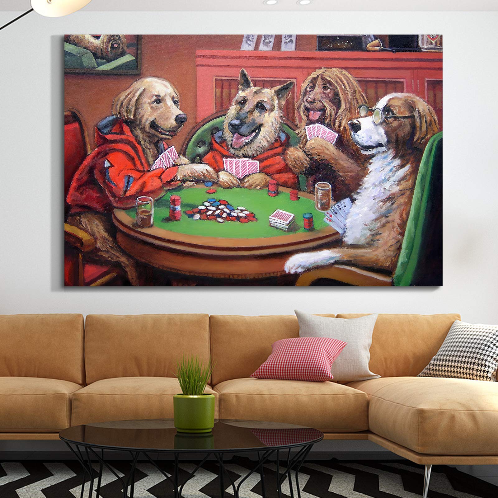 Denozer - Dogs Playing Poker by Cassius Marcellus Coolidge Oil Painting Reproduction - Premium Giclee Canvas Print, Gallery Wrapped & Ready to Hang (48x32 inches) - Perfect for Entertainment Room, Game Room, or Man Cave Wall Decor