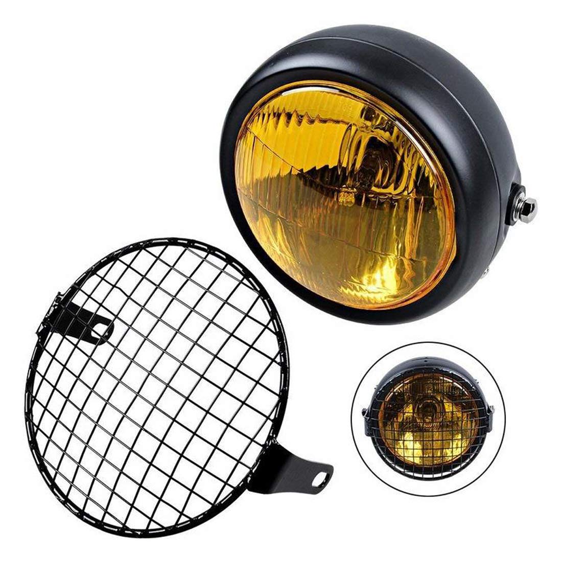 Vintage Motorcycle Headlight - Cafe Racer Style with Amber Lens & Square Mesh Grill Cover | Classic Bike Decorative Light for Harley, Triumph, BMW | Perfect for Custom Bike Builds, Garage Decor & Vintage Motorcycle Restoration Projects