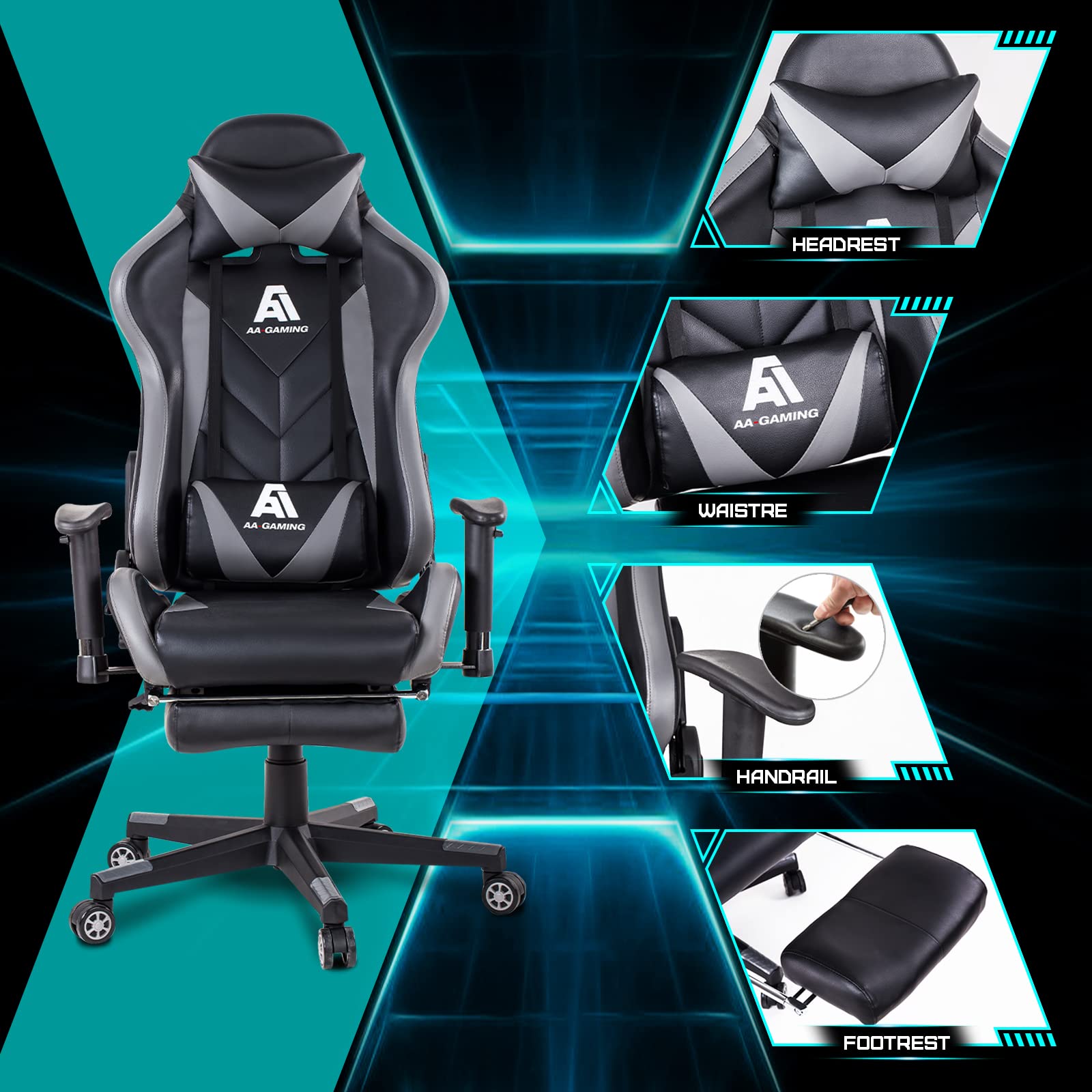 Ergonomic Gaming Chair with High Back, Adjustable Lumbar Support & Footrest - Comfortable Computer Racing Office Chair for PC & Console Gamers (Grey) - Perfect for Esports, Streaming & Long Work Sessions