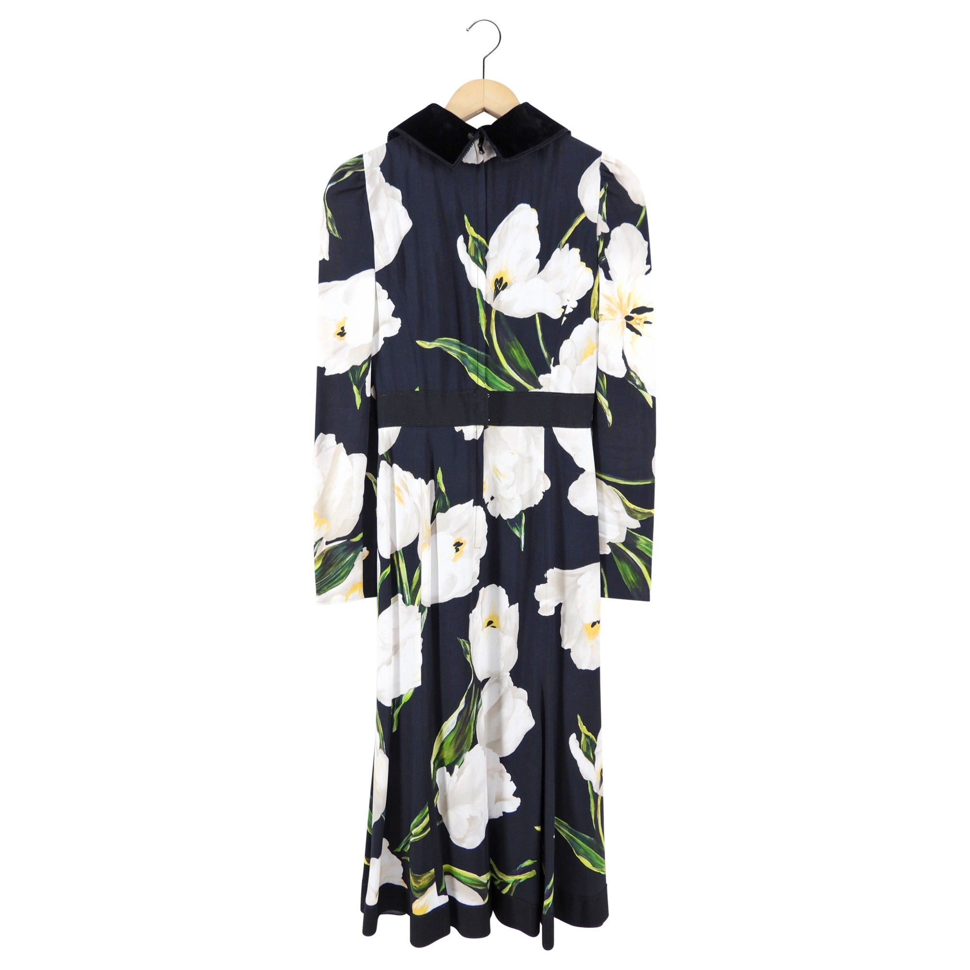 Dolce & Gabbana Black and White Floral Print Midi Dress with Velvet Collar - Size IT38 / US 2 - Perfect for Cocktail Parties, Weddings & Special Occasions
