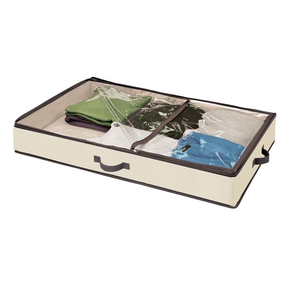 mDesign Soft Fabric Under Bed Storage Organizer Bag for Clothes, Accessories & Linens - Easy-View Top Panel with 2-Way Zipper Lid & Side Handles - Cream/Beige & Espresso Brown - Perfect for Seasonal Clothing, Blankets & Bedding Storage in Small Spaces