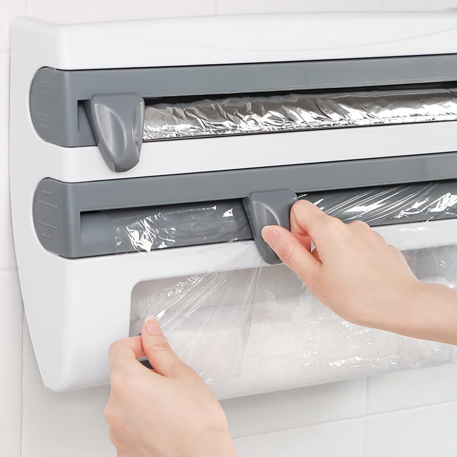 4-in-1 Wall Mount Paper Towel Holder with Aluminum Foil Dispenser & Plastic Wrap Cutter - Space Saving Kitchen Organizer for Paper Towels, Cling Film, Wax Paper & Foil - Perfect for Small Kitchens, RVs & Camping