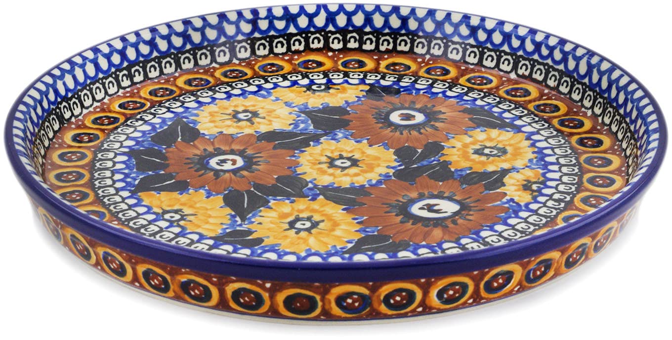 Authentic Polish Pottery 9.5-inch Cookie Platter - Handmade Ceramika Artystyczna UNIKAT with Certificate (Autumn Chrysanthemums Design) | Perfect for Holiday Baking, Cookie Serving & Home Decor