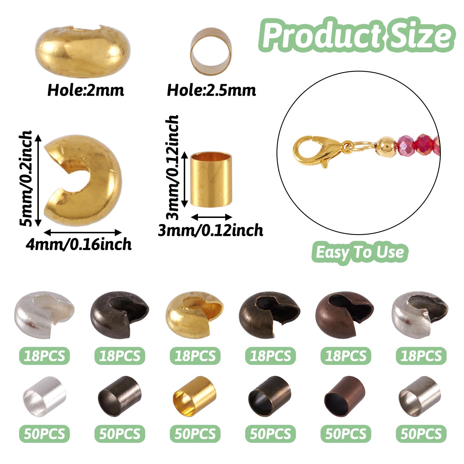 6 Color 3x3mm Tiny Brass Tube Crimp Beads & 5x4mm Brass Crimp Knot Covers - 408pcs Jewelry Making Kit for Bracelets, Necklaces, DIY Crafts - Pandahall Premium Beading Supplies