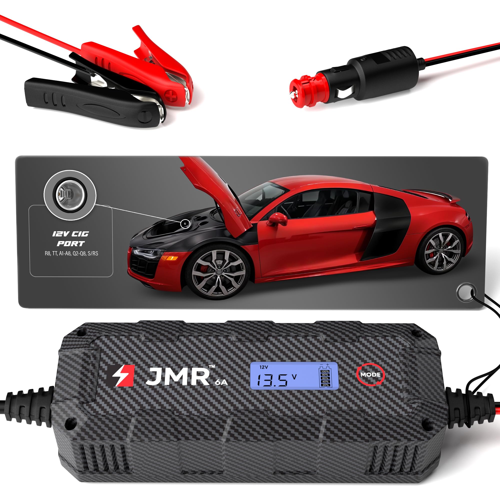 JMR Battery Charger for Audi R8 S8 RS TT Q7 SQ8 A5 - 12V Smart Trickle Charger & Maintainer for All Models - Perfect for Winter Storage & Long-Term Vehicle Maintenance (No Lithium Mode)