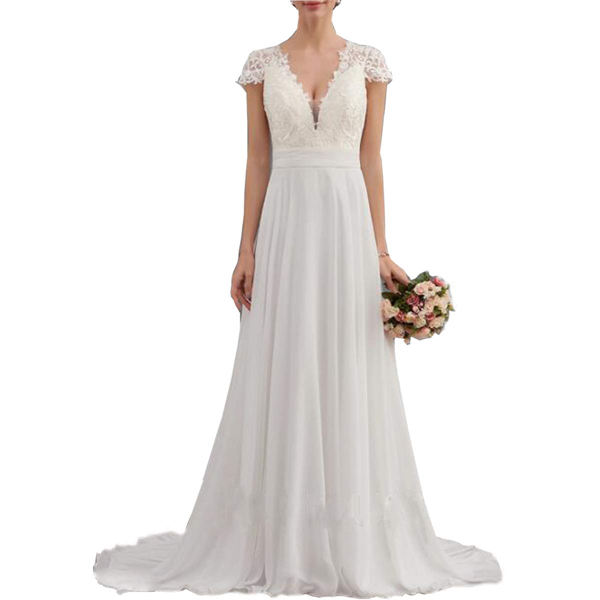 Elegant A-Line V-Neck Chiffon Wedding Dress with Ruffle Train - Perfect for Beach Weddings, Bridal Showers & Formal Occasions