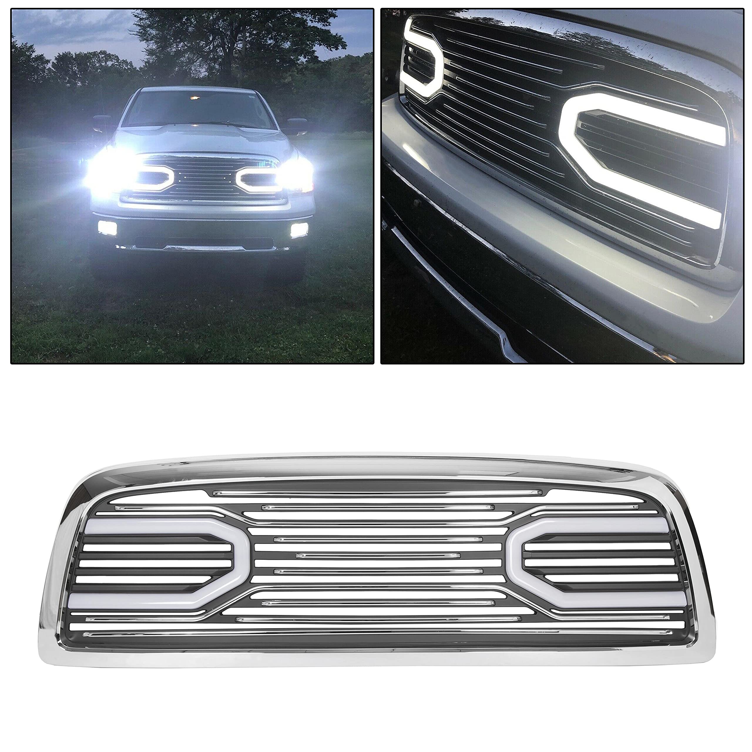 ECOTRIC Chrome Front Bumper Grill with LED Lights for 2009-2012 Dodge Ram 1500 | Hood Grille Replacement Shell | Off-Road & Street Style Upgrade