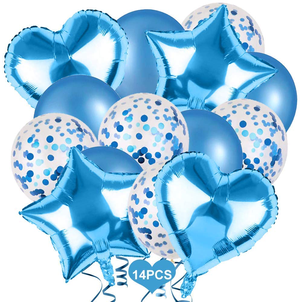 14Pcs Birthday Balloons Set - Light Blue Latex Balloons, Confetti Balloons & Star Heart Foil Balloons | Party Decorations for Birthday, Baby Shower, Engagement, Wedding | Perfect for Indoor/Outdoor Celebrations & Photo Backdrops (Blue)