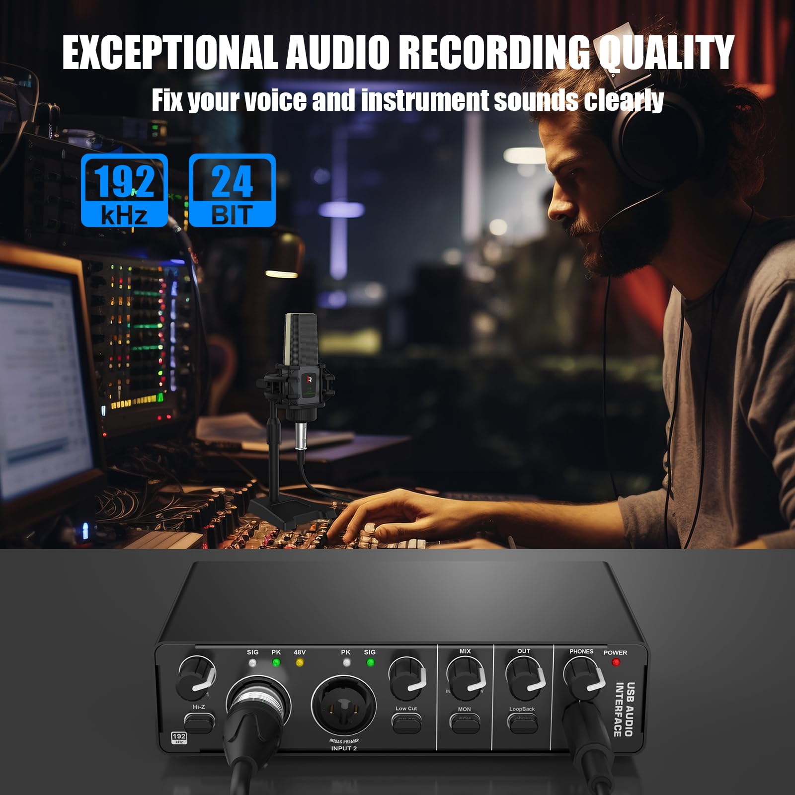Professional USB Audio Interface - 2 In 2 Out with 48V Phantom Power, XLR/TSR/TS Ports for Recording, Mixing & Podcasting | Studio Quality Mic Preamp for Guitar, Vocals & Streaming (Model 2) | Perfect for Home Studios, Live Performances & Content Creation