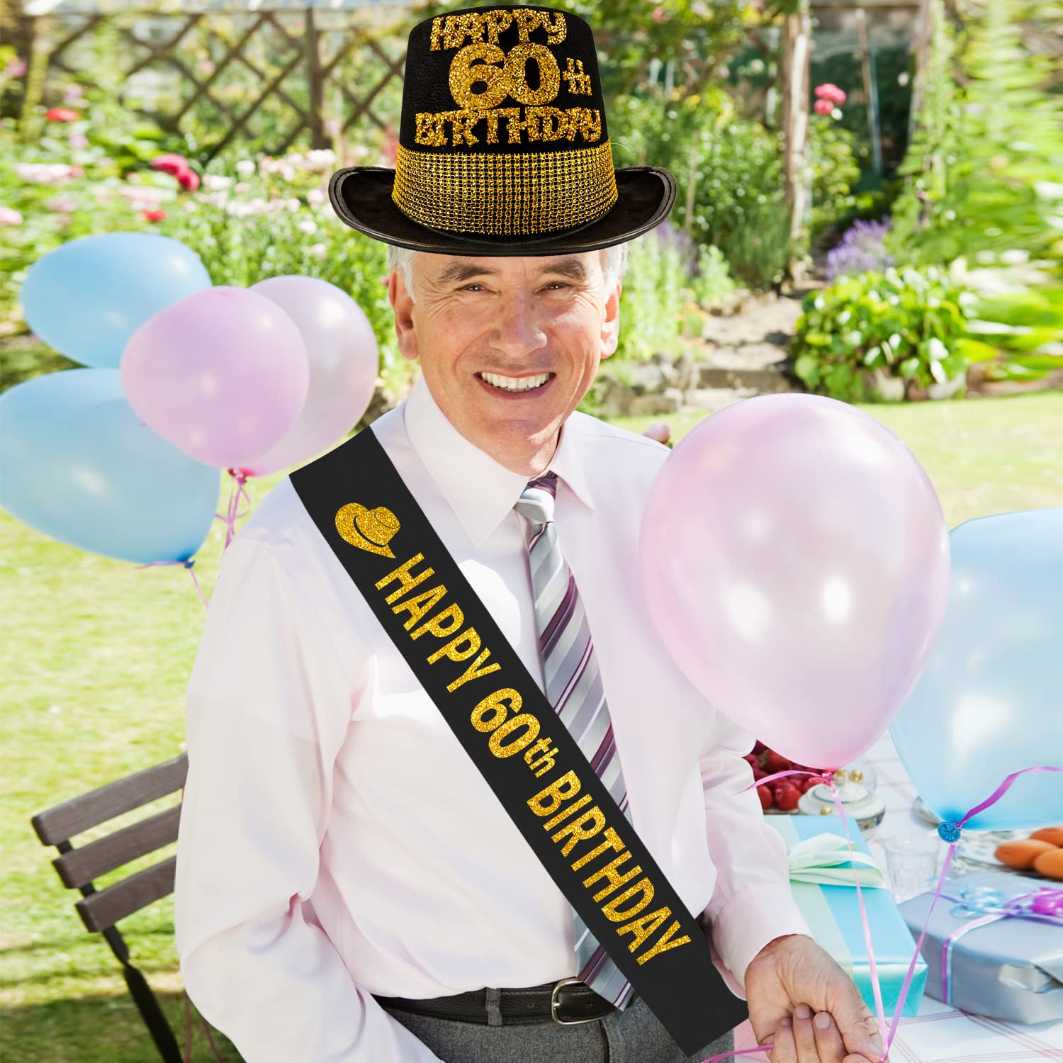 60th Birthday Gifts for Men - Gold 60 Year Old Party Hat & Sash Set - 60 Birthday Decorations & Favors - Perfect for Milestone Celebrations, Retirement Parties & Special Occasions