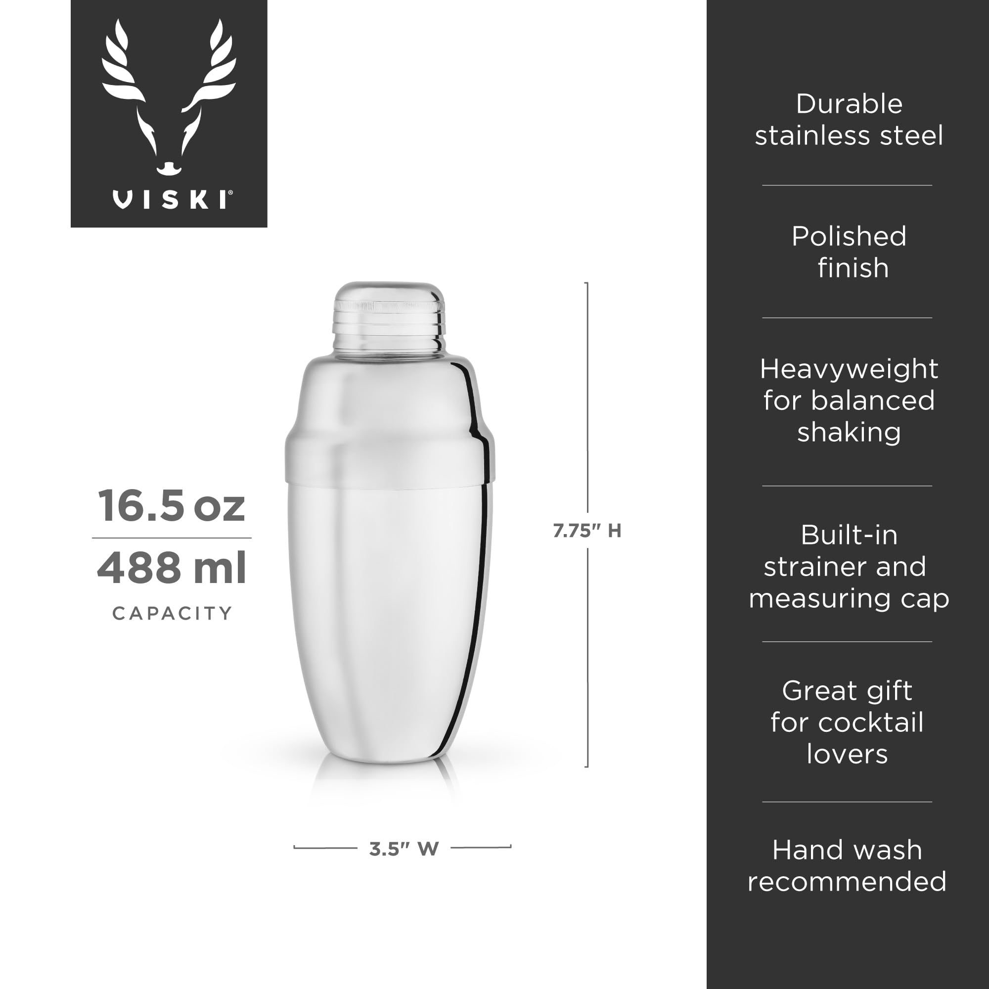 Viski Silver Heavyweight Cocktail Shaker Set - 16.5 oz Stainless Steel Drink Mixer with Bar Strainer - Professional Martini & Margarita Mixing Kit - Polished Silver Finish - Perfect for Home Bars, Cocktail Parties & Bartending