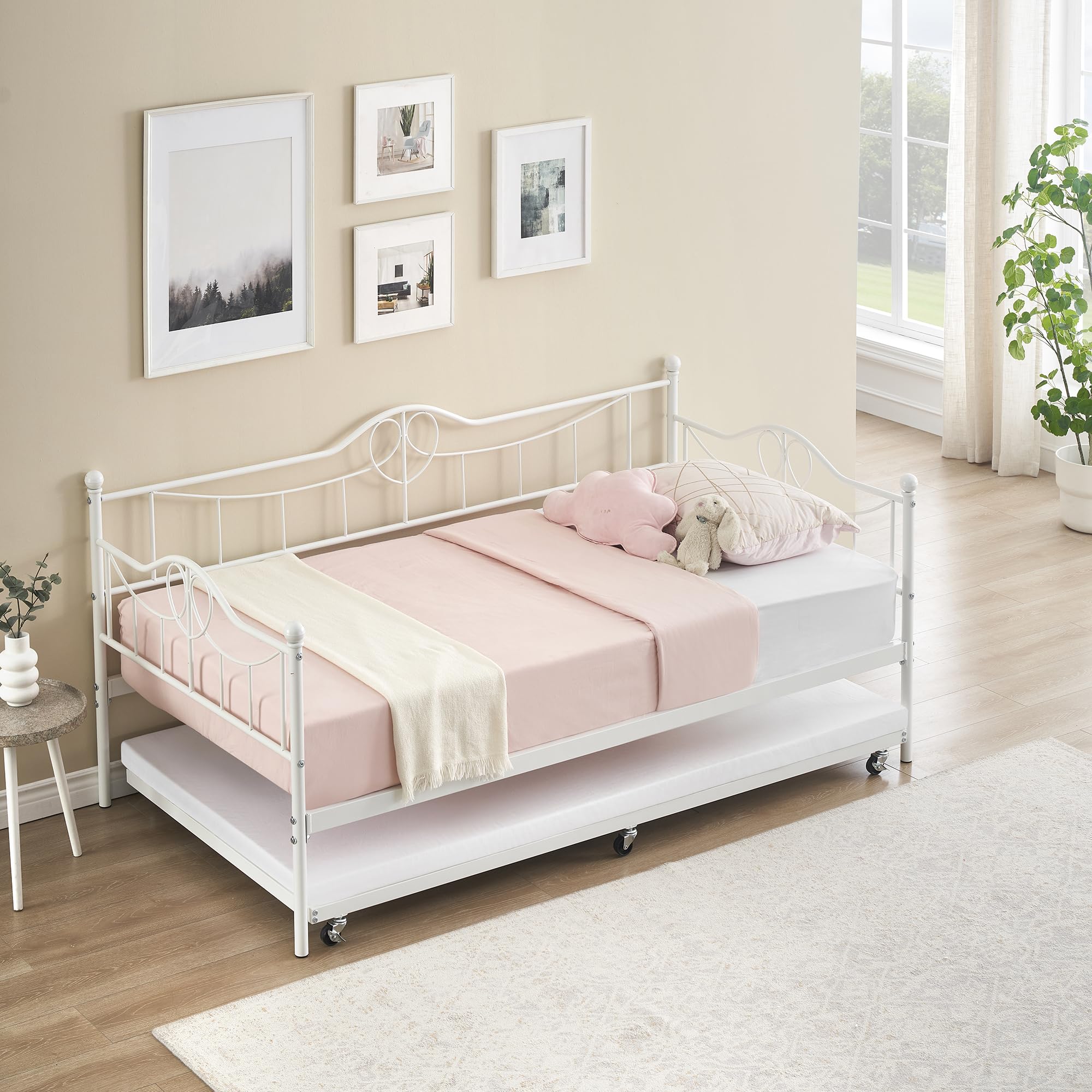 Twin Size Daybed with Trundle - Pull Out Twin Daybed Set, Sturdy Metal Frame with Steel Slat Support for Living Room & Bedroom - Easy Assembly in White | Perfect for Guest Rooms, Small Spaces & Multi-Functional Furniture Needs