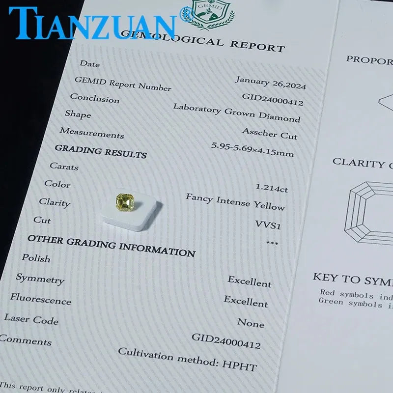 1.214CT VVS1 Lab-Created Diamond HPHT Asscher Cut Fancy Intense Yellow 2EX Loose Gemstone - GEMID Certified for Engagement Rings & Fine Jewelry Making