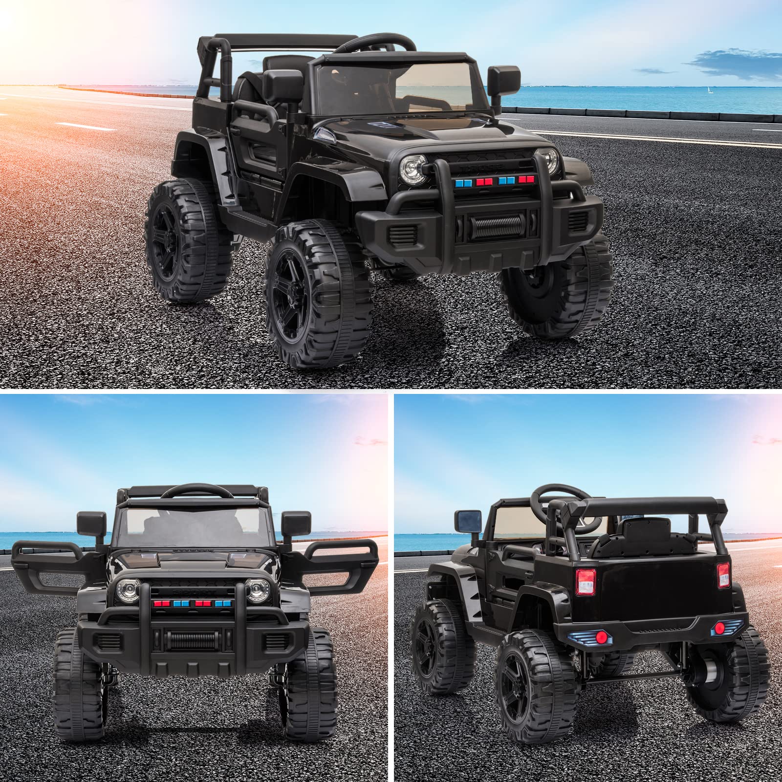 **12V Kids Electric Ride-On Truck with 2.4G Remote Control - 3 Speeds, Spring Suspension, LED Lights, Horn & Music Player - Motorized Toy Car for Ages 3-5 - Perfect for Indoor & Outdoor Play (Black)**