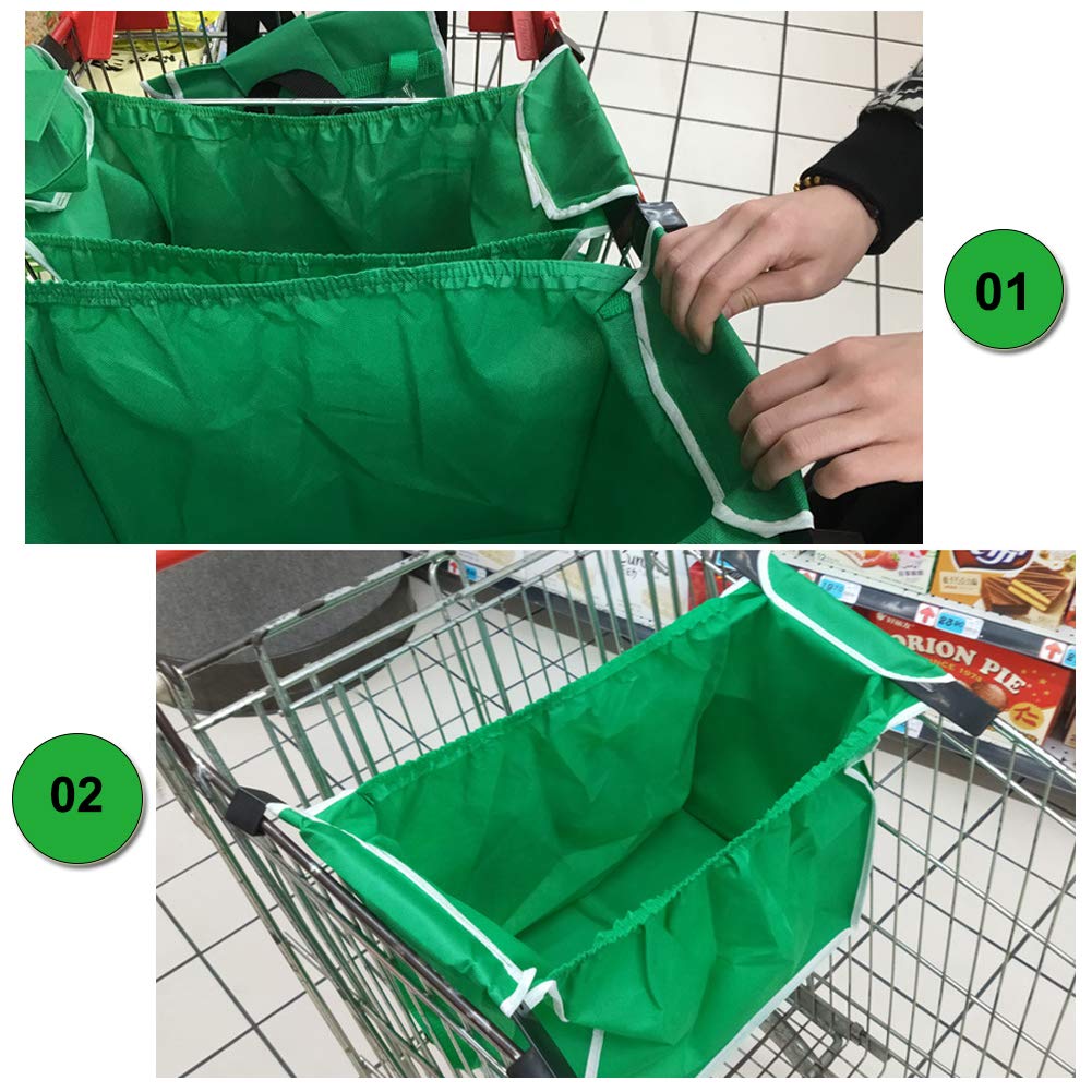 2 Pack Reusable Grocery Bags - Eco-Friendly Shopping Trolley Bags with Handles, Foldable Non-Woven Tote Bags for Supermarket, Farmers Market & Grocery Shopping - Clip on Shopping Cart for Convenient Grab & Go