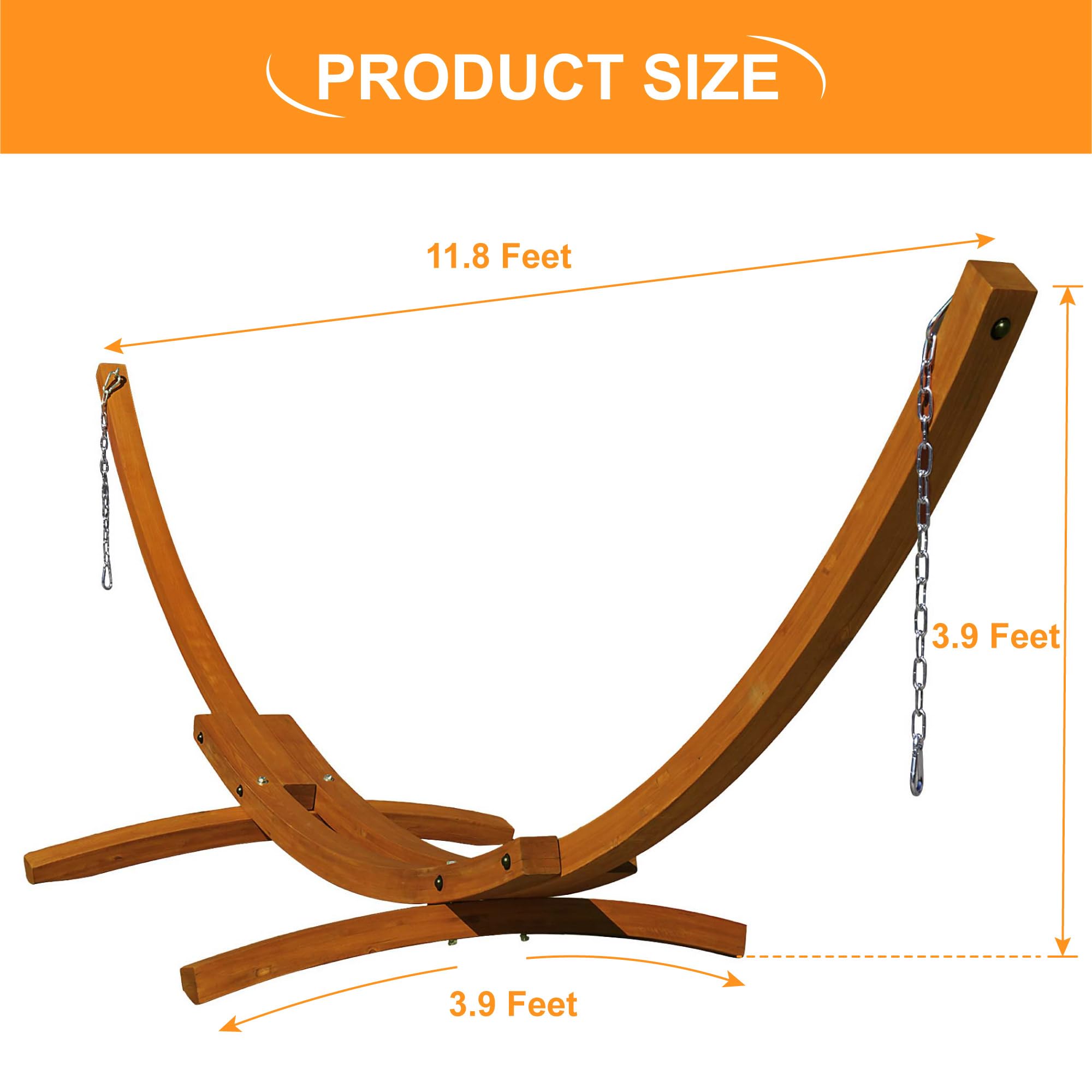 12 FT Outdoor Arc Wood Hammock Stand for 2 Person - Russian Pine Hardwood with Carabiners & Chains - 450lb Capacity - Perfect for Patio, Garden, Yard & Poolside Relaxation (Brown)