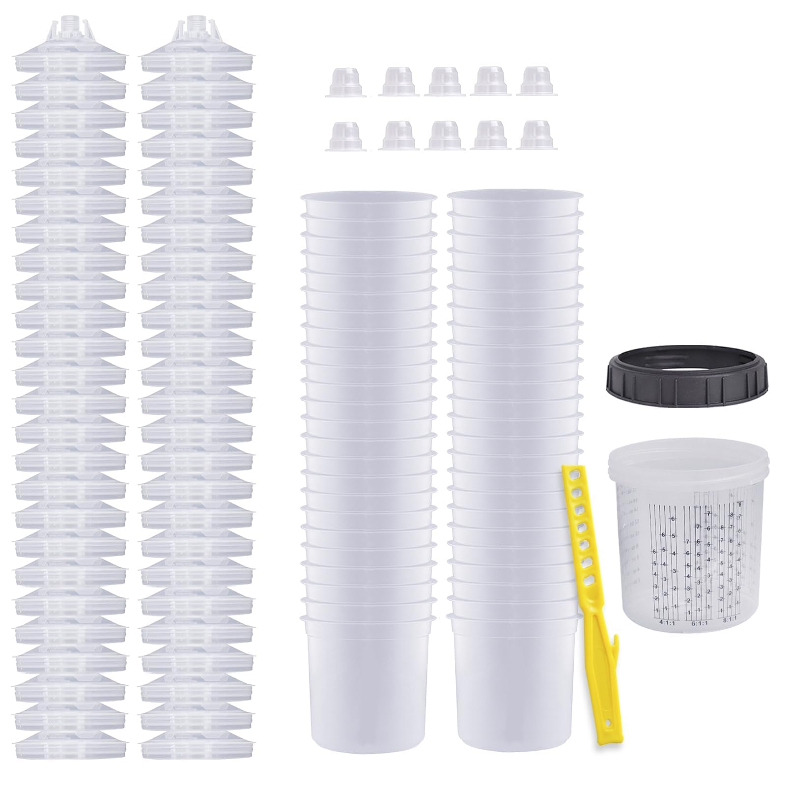 **Disposable HVLP Paint Sprayer Gun Cup Kit - 20oz with 50 Liners, 50 Lids, 1 Hard Cup, Retainer Ring, 10 Plugs & Mixing Stick - Perfect for Automotive, Furniture & DIY Painting Projects**