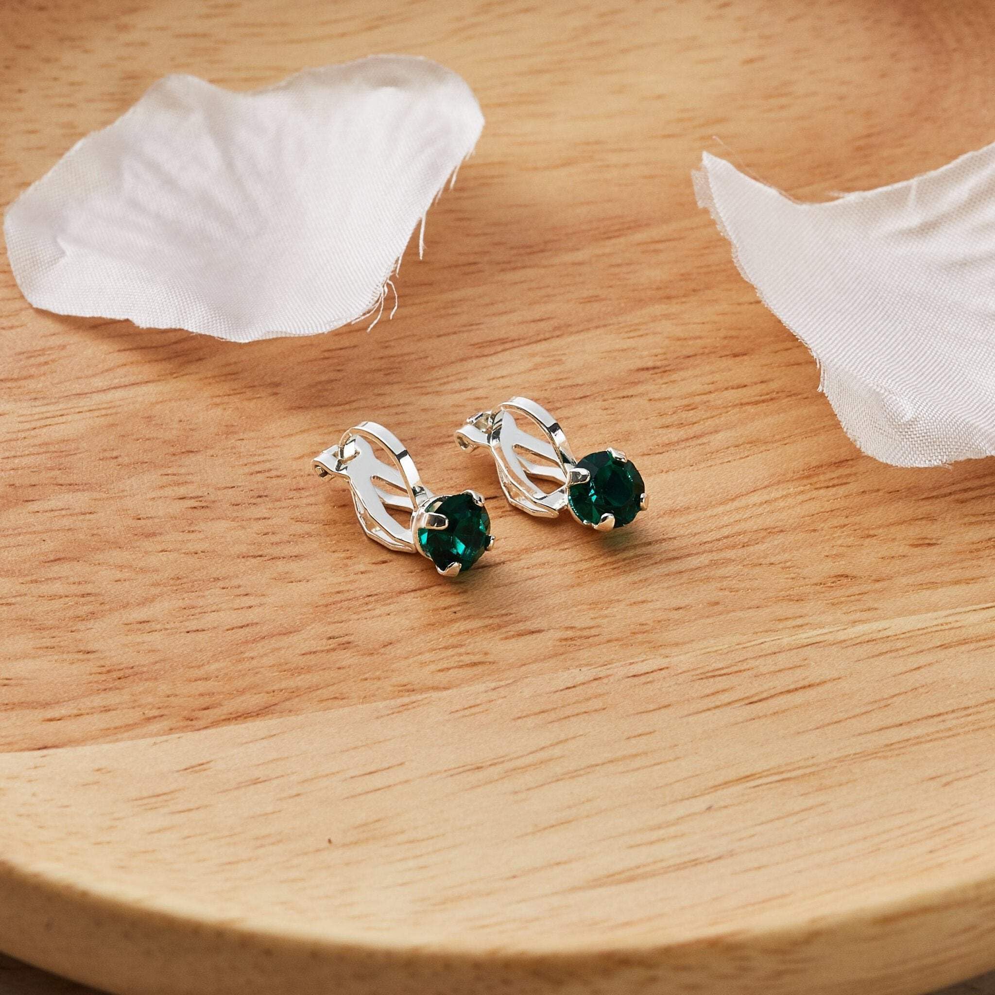 Emerald Birthstone Clip-On Earrings with Zirconia for May Birthdays & Gifts