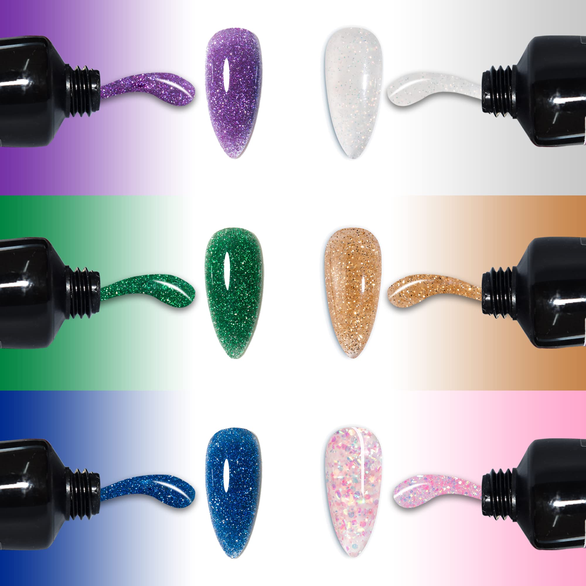 Wenida Reflective Holographic Glitter Nail Extension Gel Kit - 6 Colors Diamond Builder Gel for DIY Nail Art | Professional Nail Enhancement Set for Home Manicure, Salon Use & Special Occasions