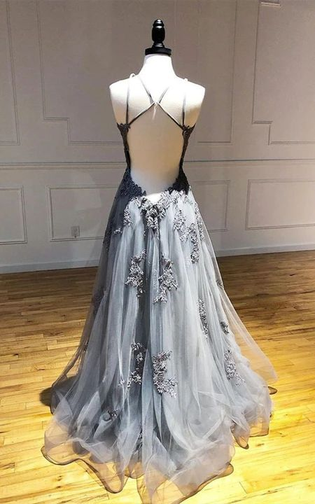 Elegant A-Line Lace Tulle Long Prom Dress with Backless Design - Perfect for Weddings, Evening Gala & Formal Events | Style J4461