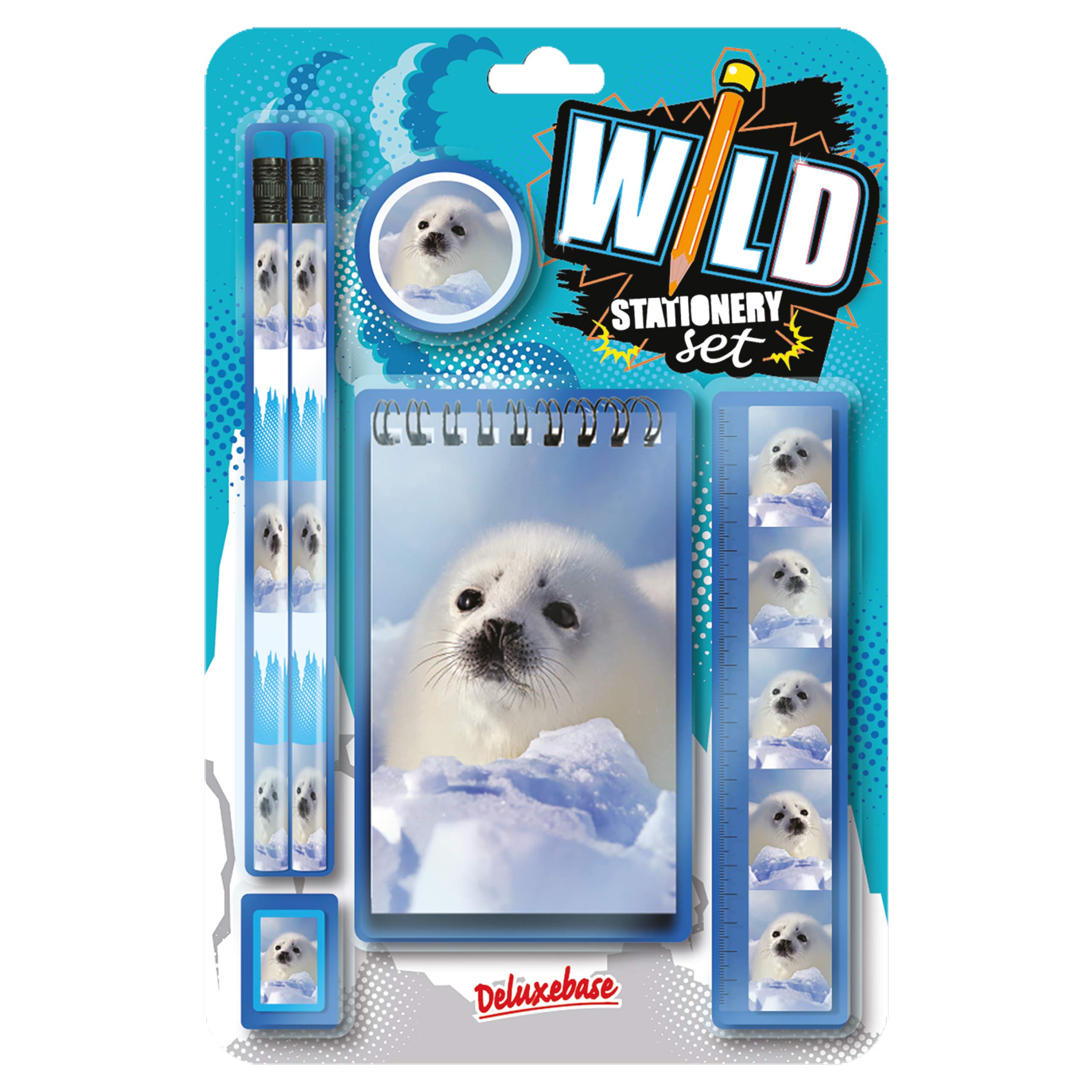Deluxebase Wild Baby Seal Stationery Set - 2 Pencils, Eraser, Pencil Sharpener, Ruler & Notebook - Fun School & Office Supplies for Kids, Students & Teachers - Perfect for Classroom, Homework & Gift Giving