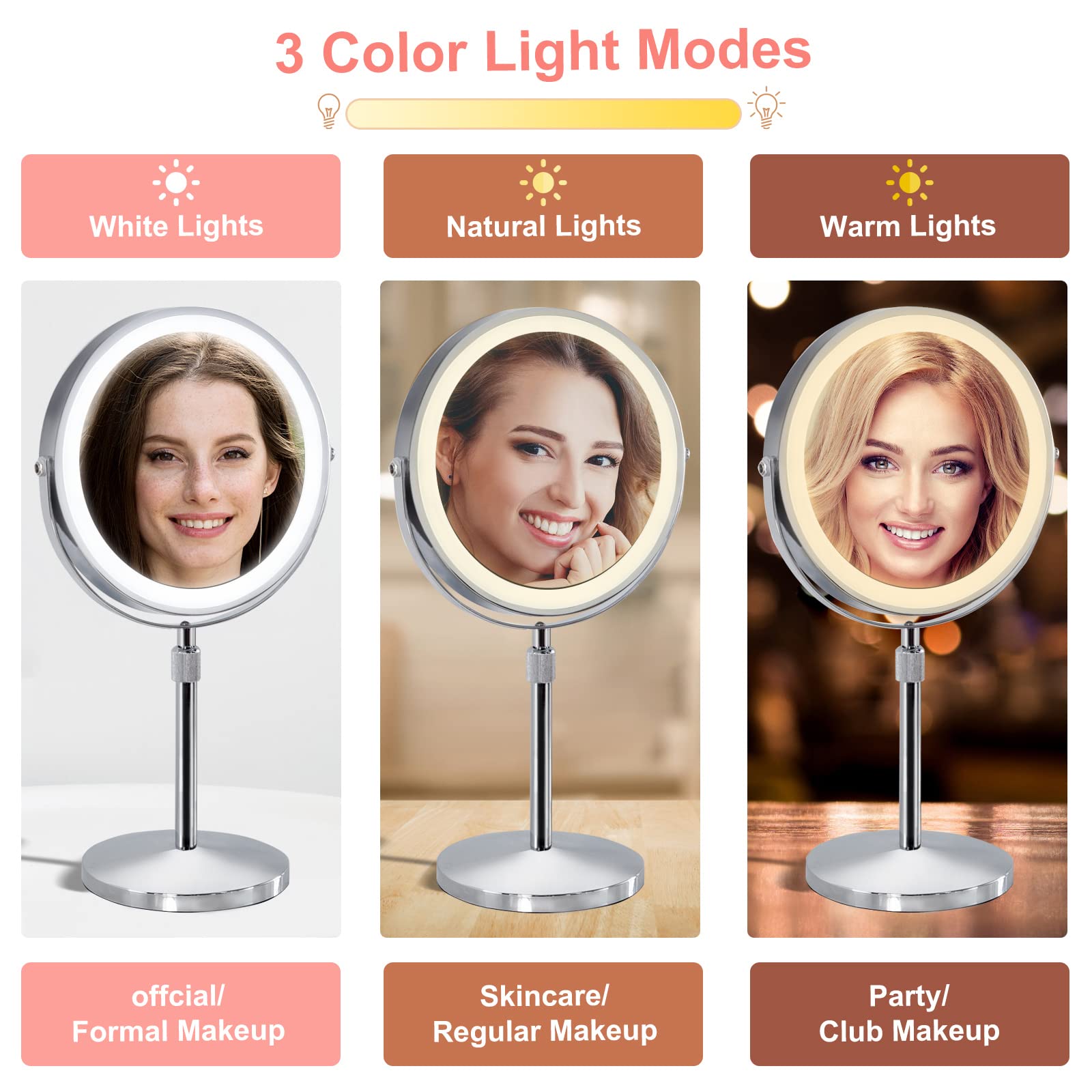 Furgatti 8 Inch Lighted Makeup Mirror with 3 Color LED Lights & Touch Control - 4000mAh Battery, Adjustable Height, 1x/10x Magnification - Perfect for Vanity Table, Home Makeup Studio & Travel (Silver) - Ideal Gift for Women