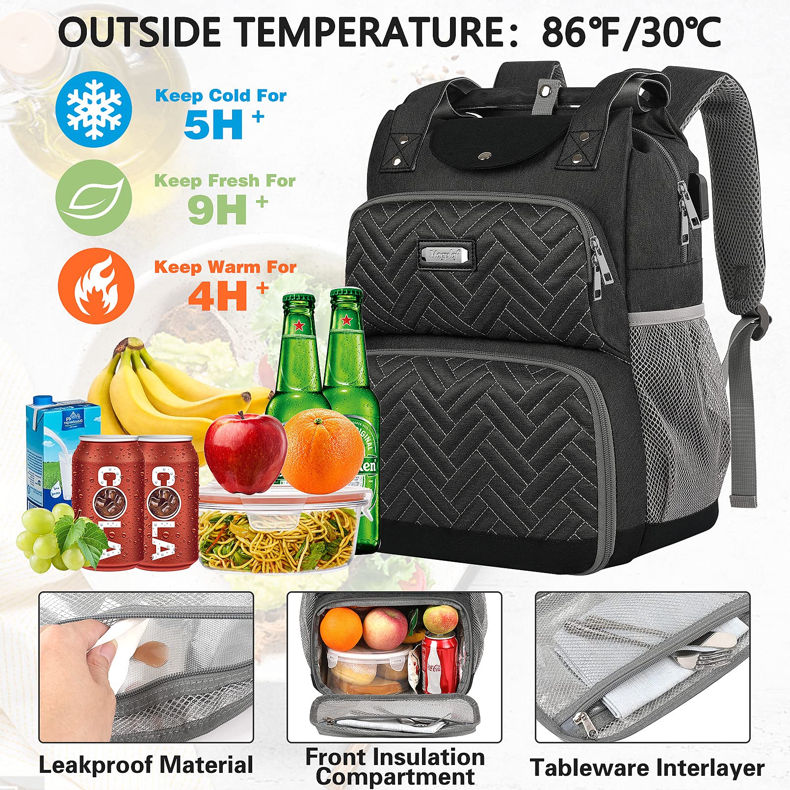 Mogplof Insulated Lunch Backpack for Women - 15.6 Inch Water-Resistant Lunch Bag with USB Charging Port & RFID Pockets - Work, Office, Picnic & Travel Lunch Box Backpack with Laptop Compartment - Perfect for Commuting, Hiking & Outdoor Activities