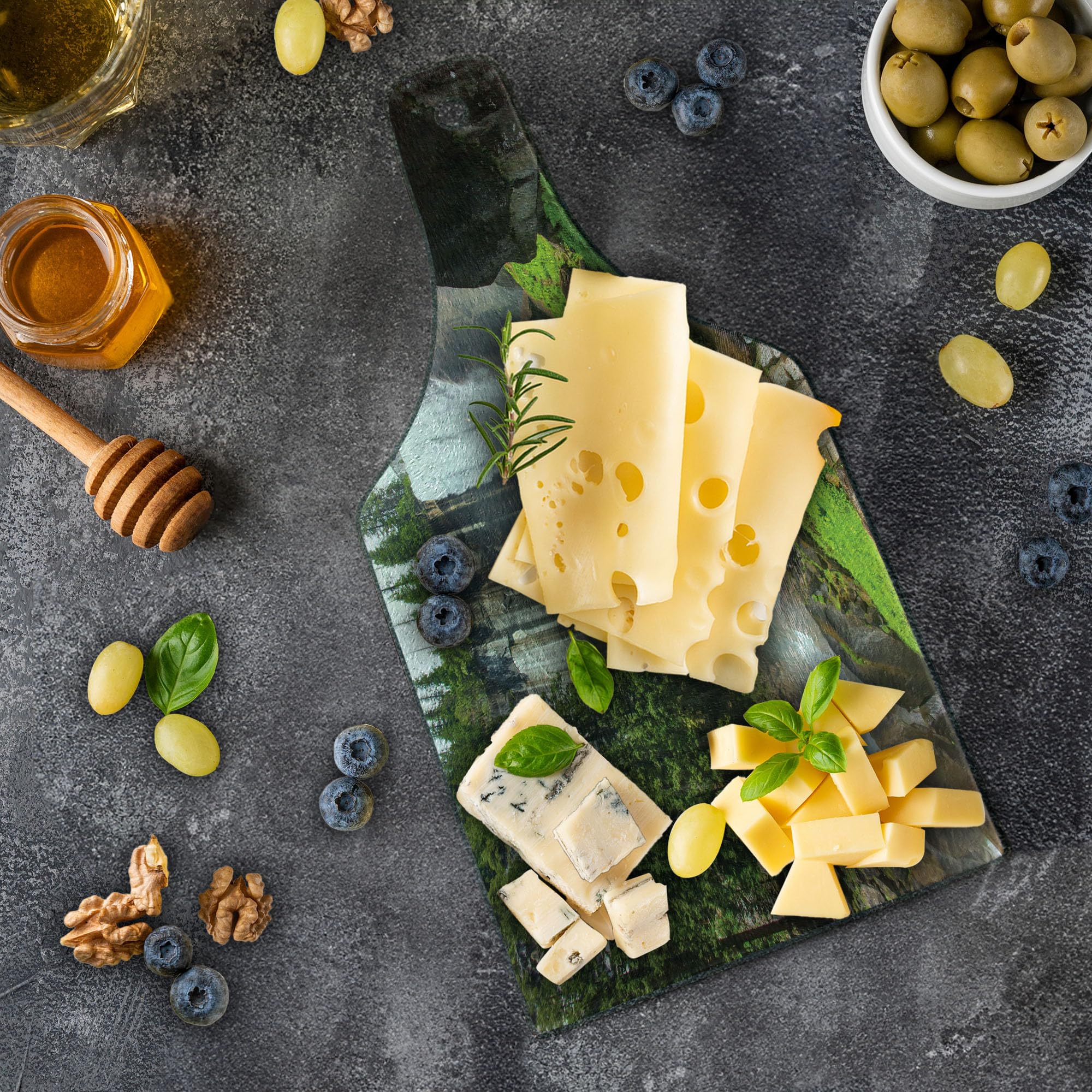 Ambesonne Yosemite Tempered Glass Cutting Board - Vernal Fall Yosemite National Park Scenic Photo Design - Decorative Serving Board for Kitchen, Charcuterie & Cheese - Wine Bottle Shape in White & Green - Perfect for Home Decor, Dinner Parties & Gifts