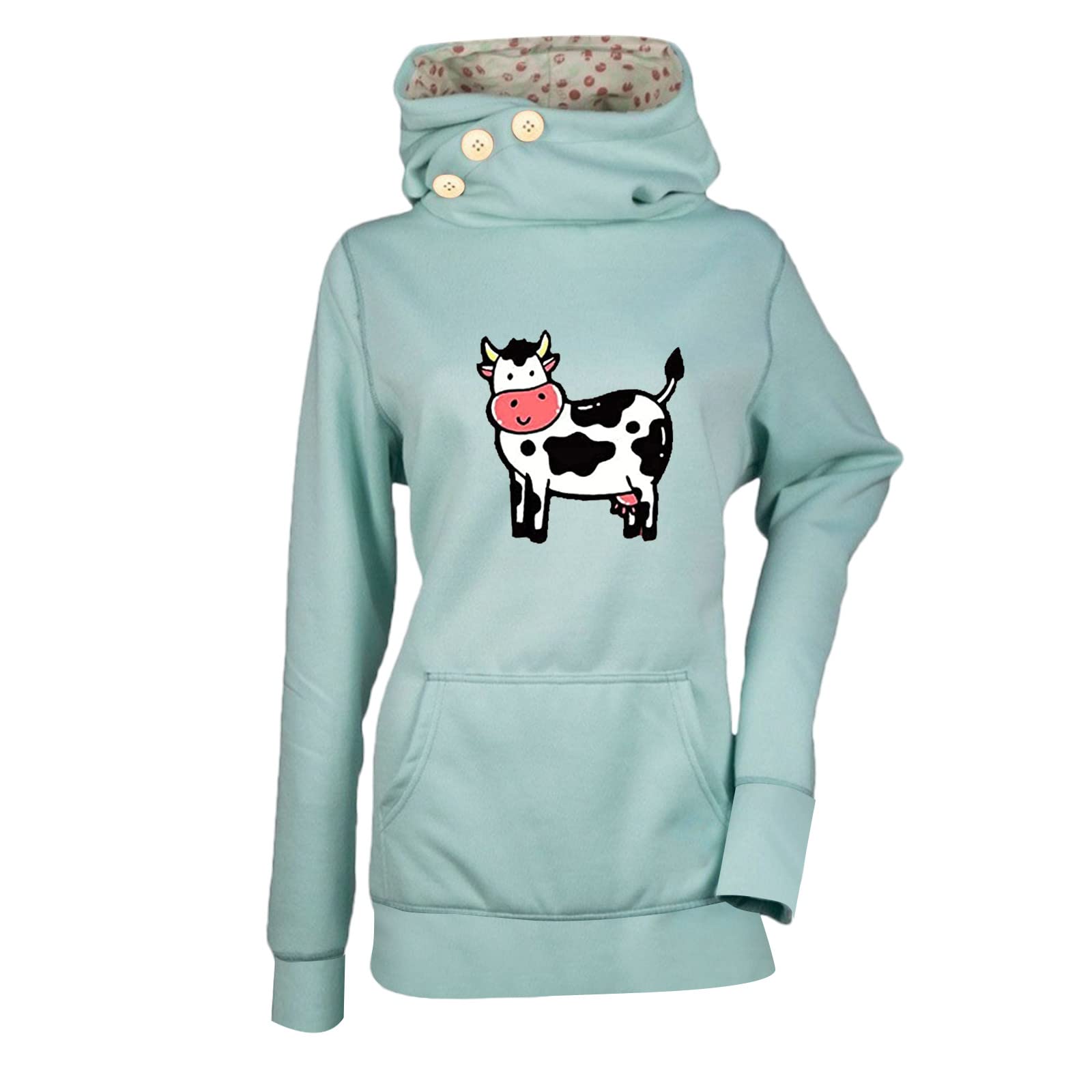 Women's Hooded Cow Print Sweatshirt - High Collar Long Sleeve Pullover for Autumn Winter | Cozy Casual Wear for Fall Fashion & Outdoor Activities