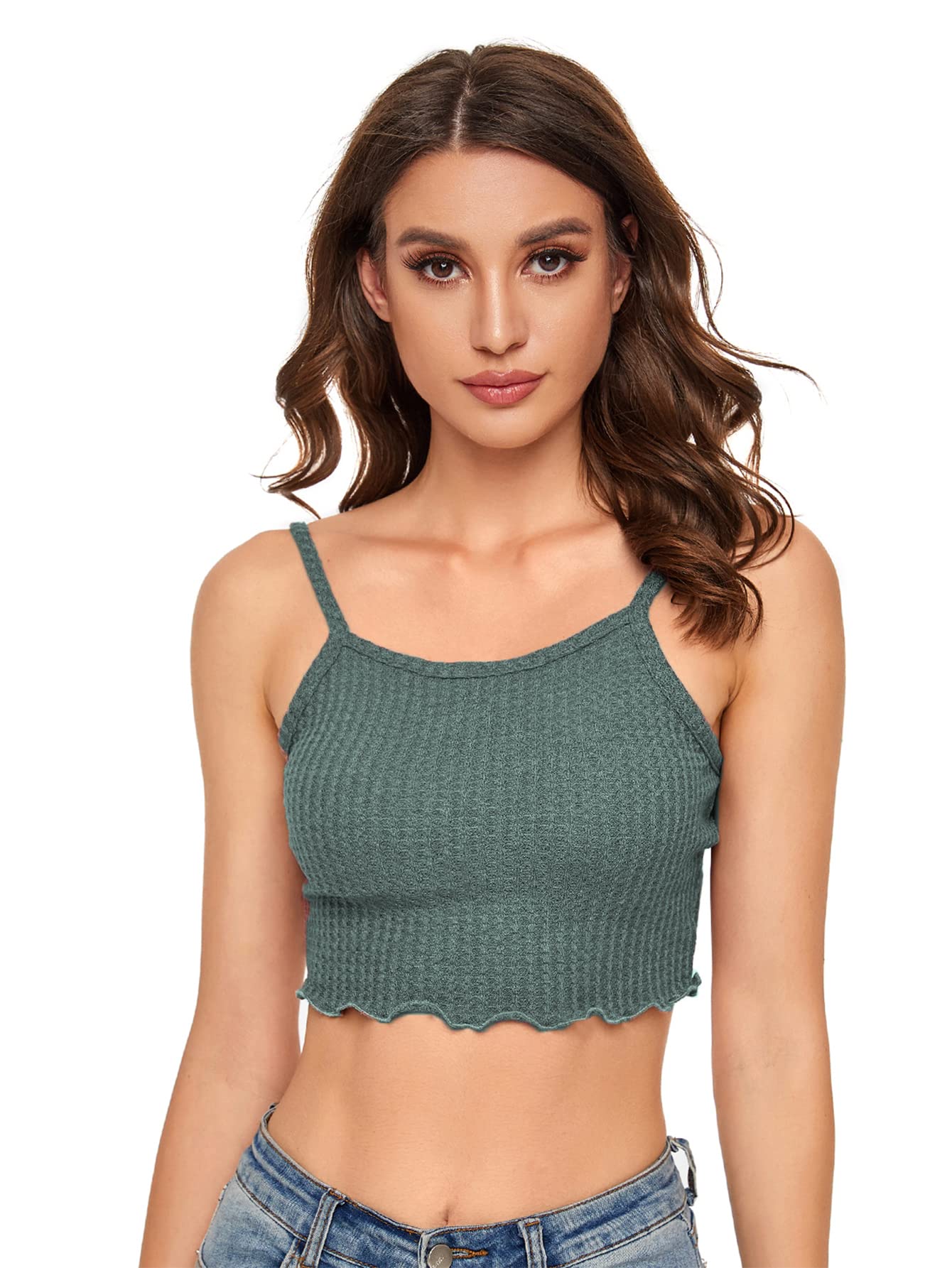 Romwe Women's Waffle Ribbed Knit Cami Crop Top - Sleeveless Adjustable Spaghetti Strap Vest for Summer, Casual Outfits & Layering