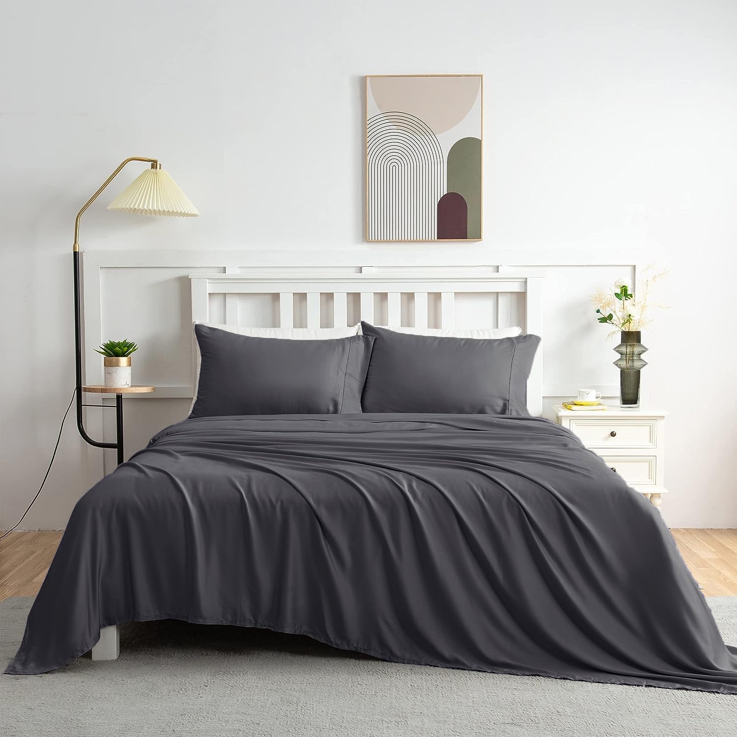 Premium 100% Bamboo Sheet Set 400 Thread Count - King Size Bed Sheets in Charcoal Gray | Ultra Soft & Breathable for Cool Sleep | Perfect for Master Bedroom, Guest Room & Luxury Hotels