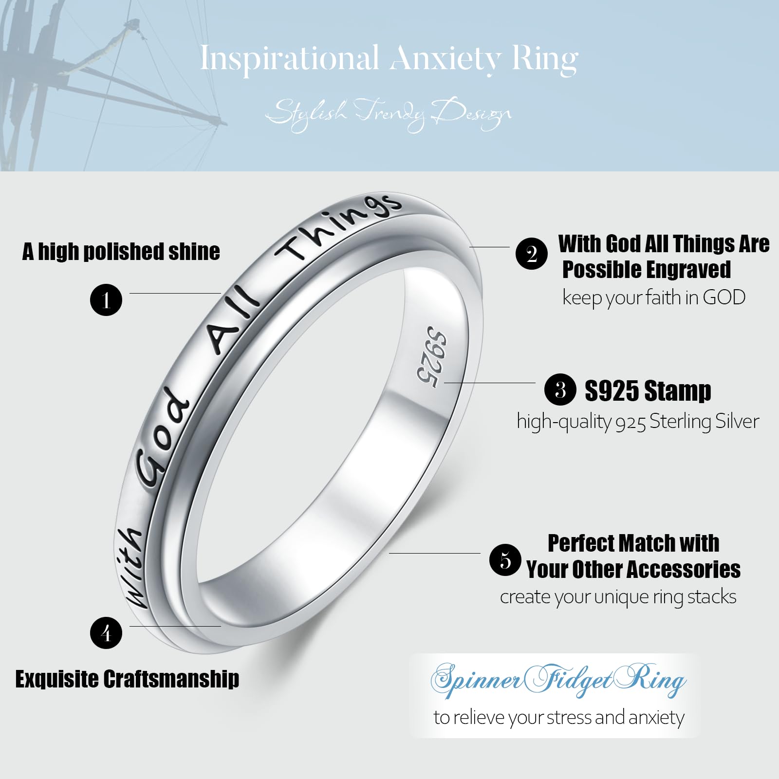 Ladytree S925 Sterling Silver Spinner Ring for Anxiety Relief - Fidget Spinner Ring for Stress, ADHD, Autism - Worry Relieving Jewelry for Women & Men - Perfect for Office, Travel & Daily Relaxation