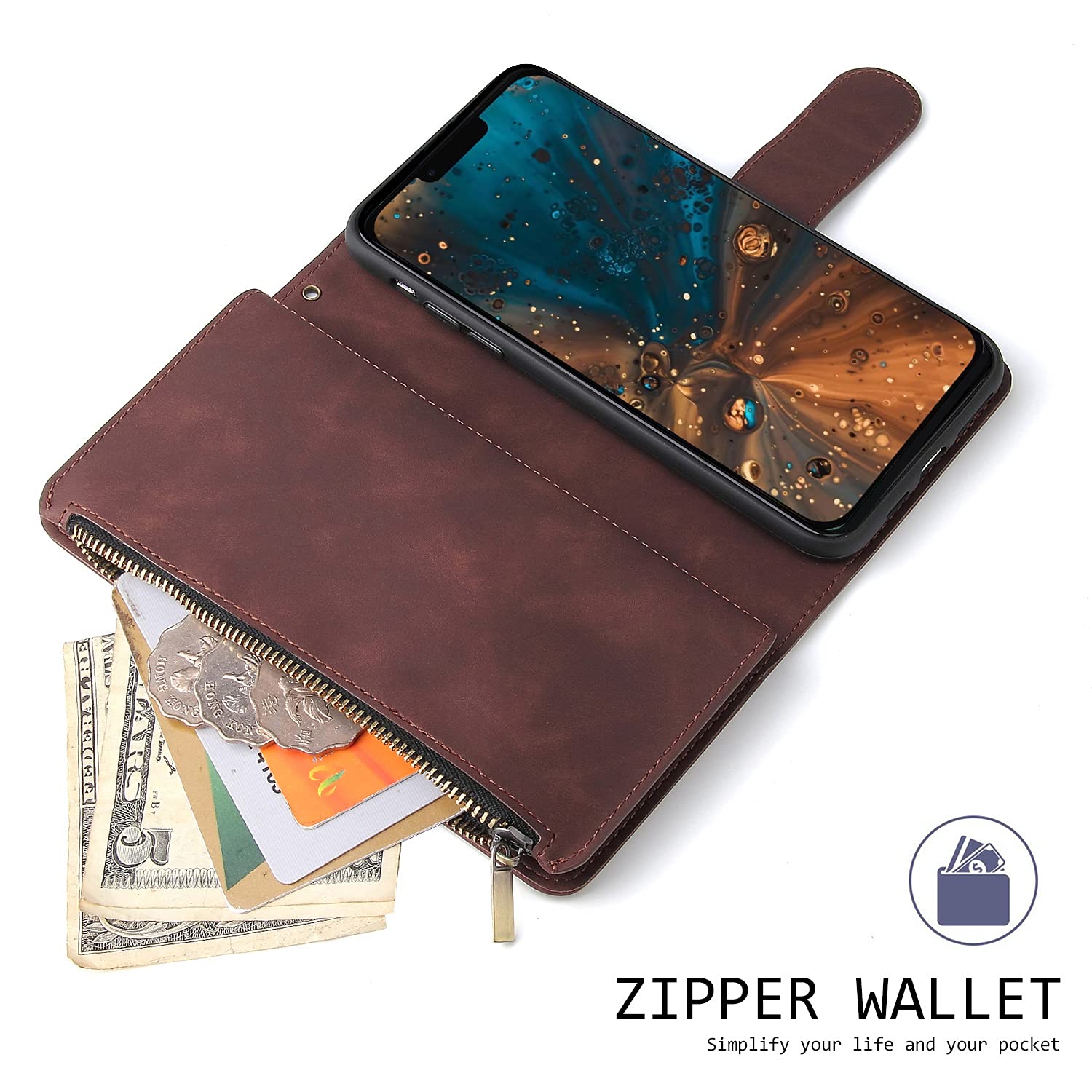 **Magnetic Leather Wallet Case for iPhone 13 Pro Max – 6 Card Holder, Hand Strap, Zipper Pocket, Stand & Shockproof Cover – Stylish & Protective for Women & Men (Coffee) – Perfect for Travel, Work & Daily Use**