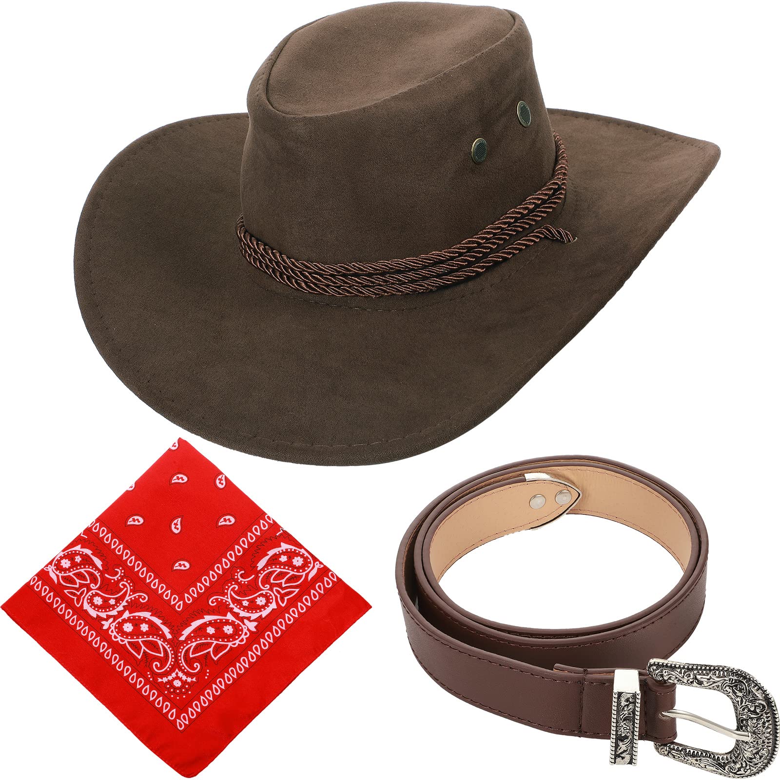 Haysandy Men's Cowboy Hat with Bandana & Belt - Western Cowboy Cowgirl Costume Accessories - Wide Brim Hat for Halloween, Cosplay, Rodeo & Western Theme Parties