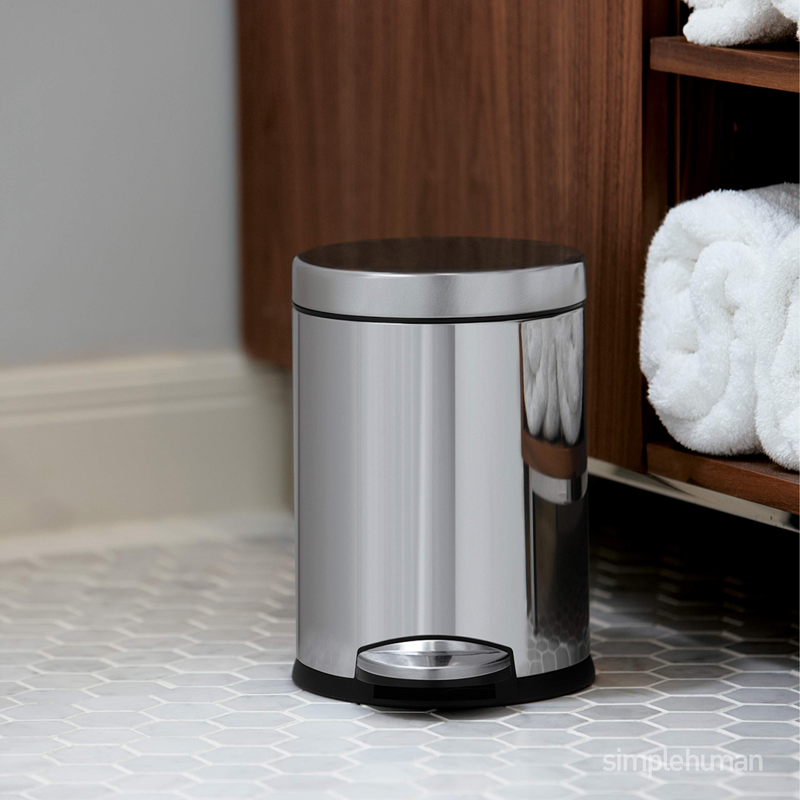 simplehuman 30L/8 Gallon Round Step Trash Can & 4.5L/1.2 Gallon Bathroom Step Trash Can Set - Brushed Stainless Steel | Kitchen & Bathroom Waste Bin with Foot Pedal for Hands-Free Use