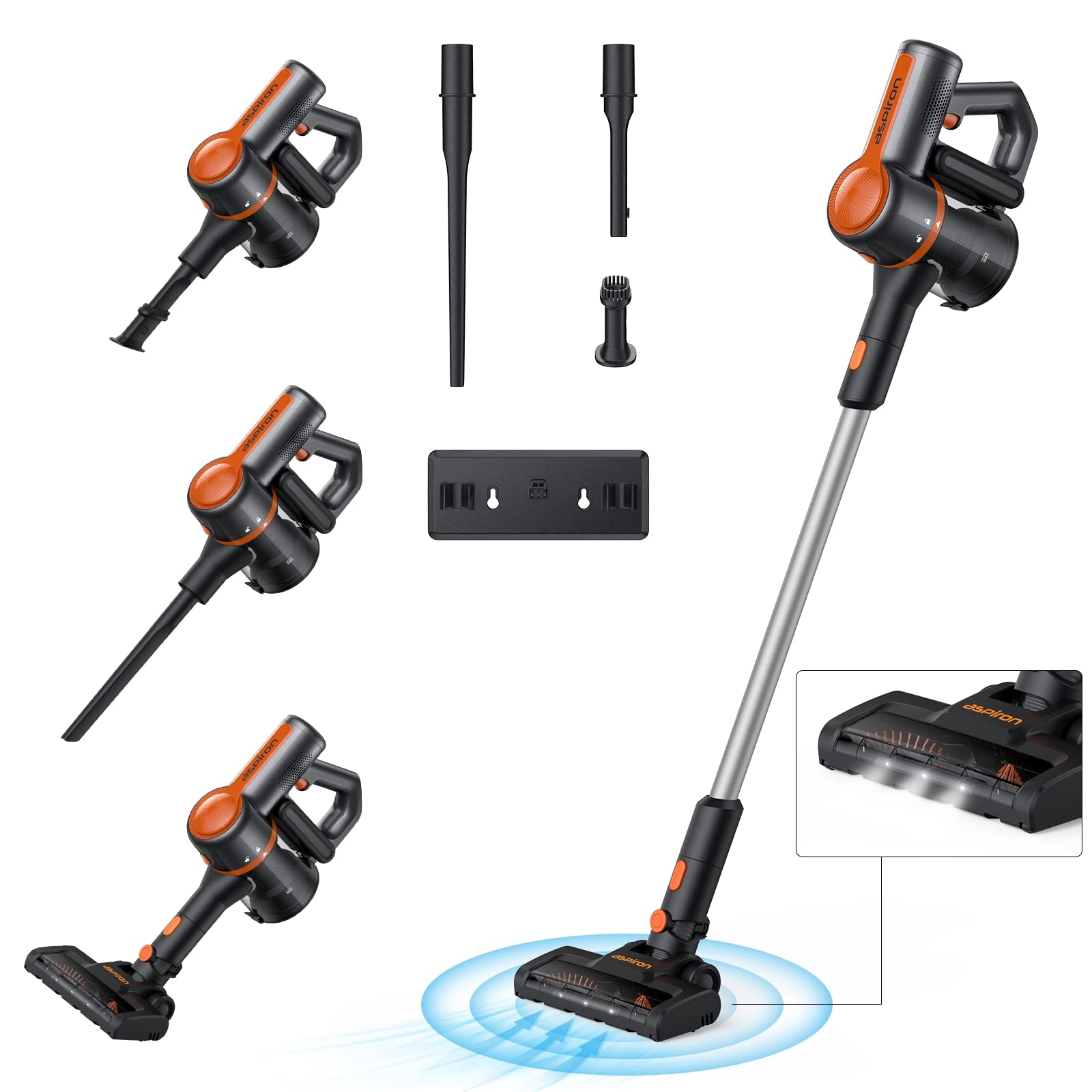 Aspiron 6-in-1 Cordless Vacuum Cleaner with HEPA Filter - Powerful Brushless Motor, Lightweight Stick & Handheld Vacuum for Pet Hair, Car & Hard Floors - Rechargeable Long Runtime for Home Cleaning & Car Detailing