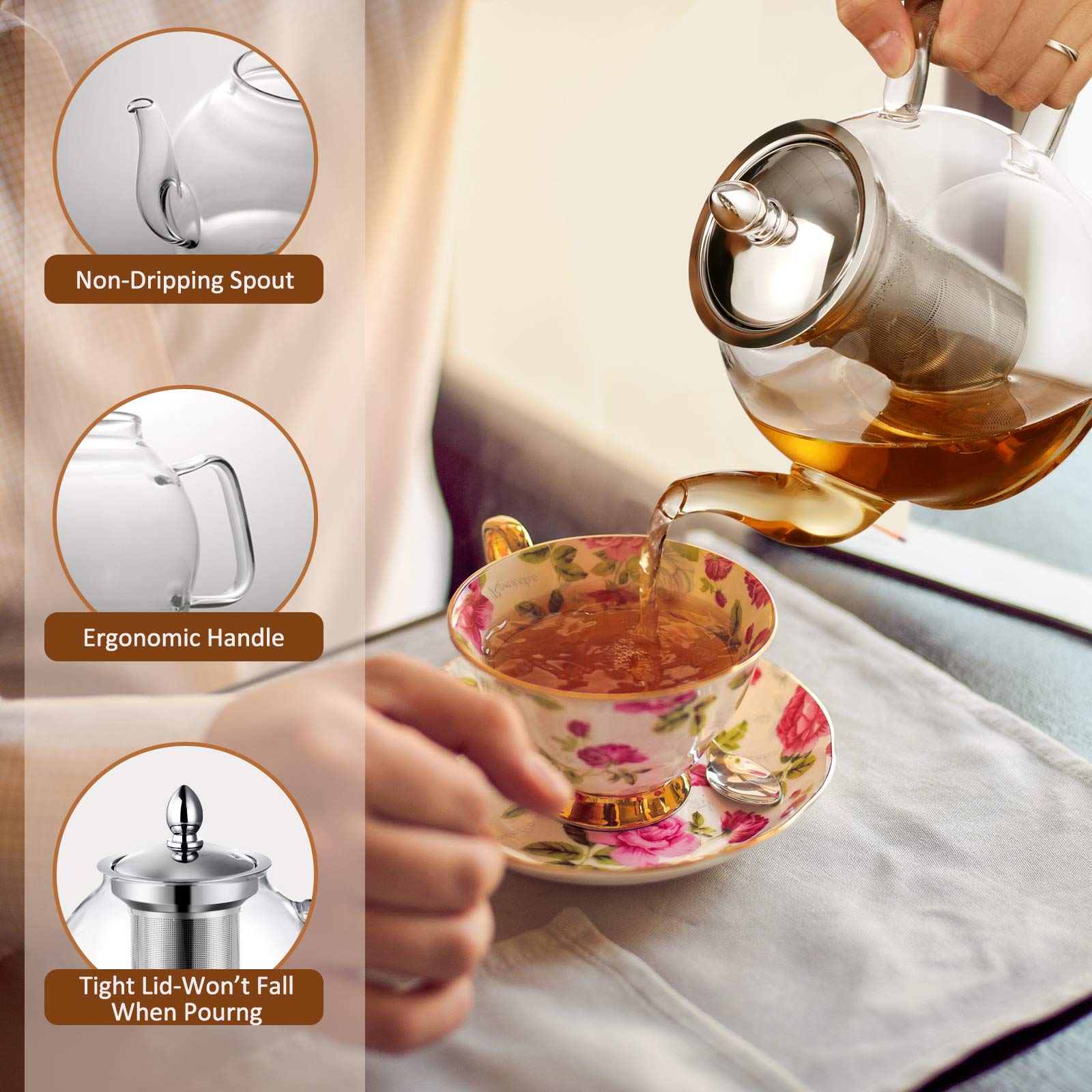 HIWARE 1000ml Glass Teapot with Removable Infuser - Stovetop Safe Tea Kettle for Blooming & Loose Leaf Tea - Perfect for Home, Office & Gift Giving - Ideal for Herbal, Green & Black Tea Brewing