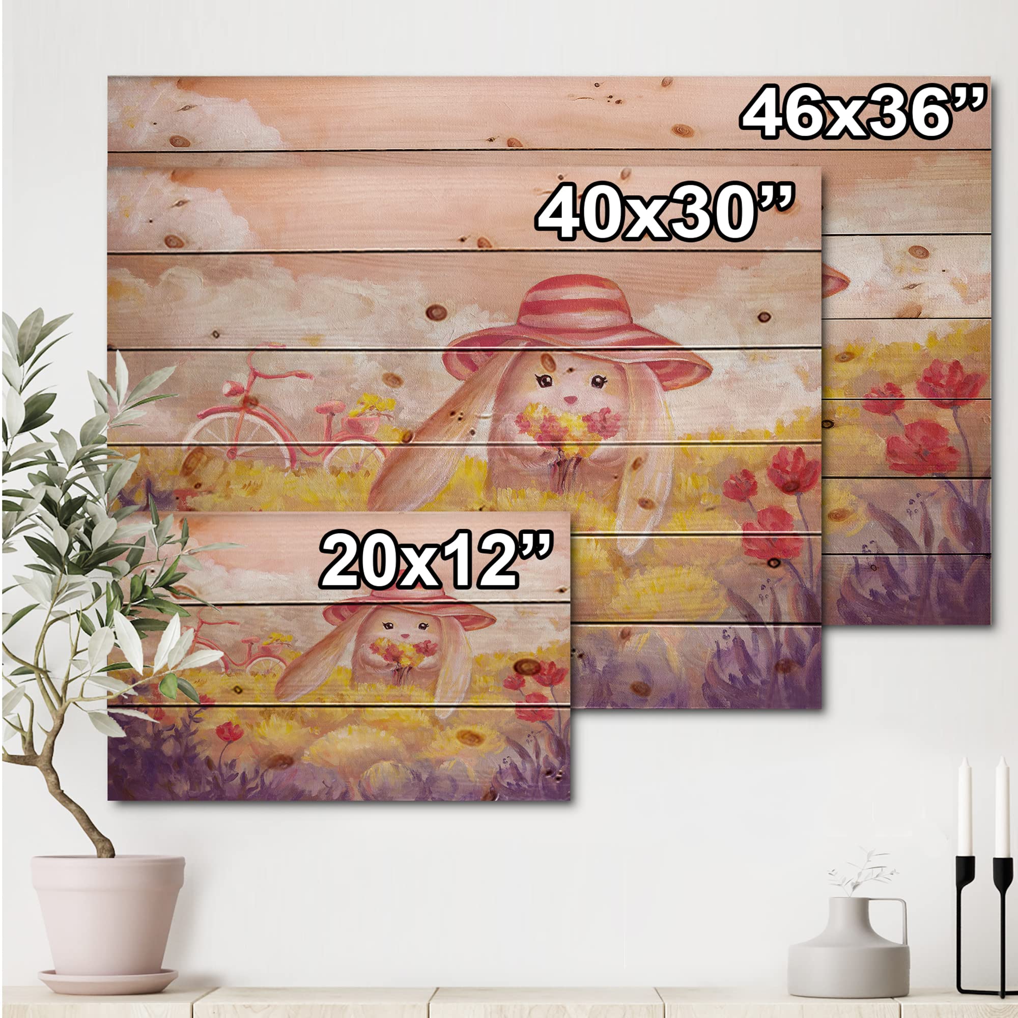 DesignQ Little Bunny With Flowers Traditional Wood Wall Decor - Yellow Wood Wall Art, Large Animal Wood Panel Print on Natural Pine - Perfect for Nursery, Living Room & Farmhouse Decor
