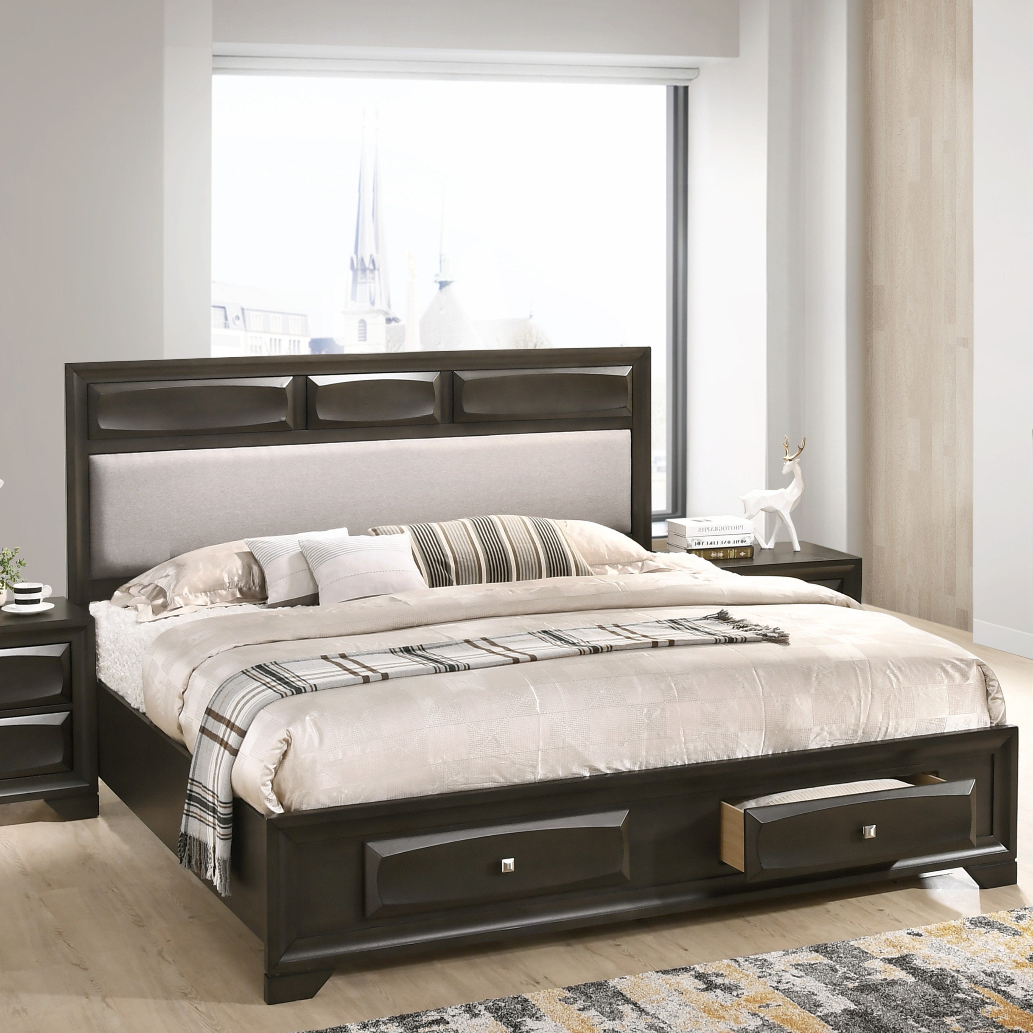 Antique Gray Wood Storage Platform Bed Frame - Queen Size Solid Oak Wooden Bed with Underbed Storage Drawers for Small Bedroom & Guest Room