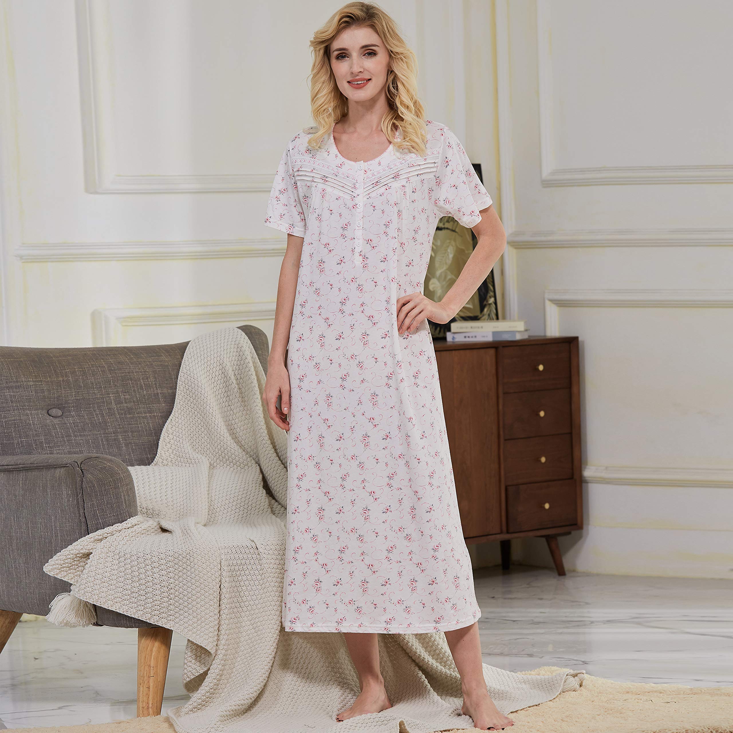 Keyocean Women's 100% Cotton Short Sleeve Nightgown - Soft & Comfortable Sleepwear for Ladies - Perfect for Summer Nights, Lounging & Relaxing at Home