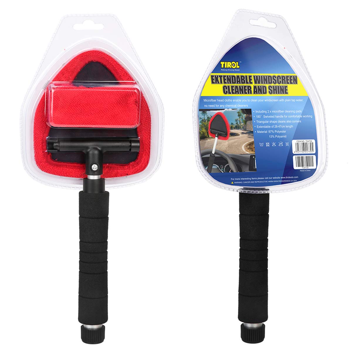 MASO Adjustable Handle Car Windscreen Cleaner - Long Reach Auto Window Glass Cleaning Brush with Microfiber Cloth for Home & Kitchen (Red, 1PCS) - Perfect for Hard-to-Reach Windows and Windshields