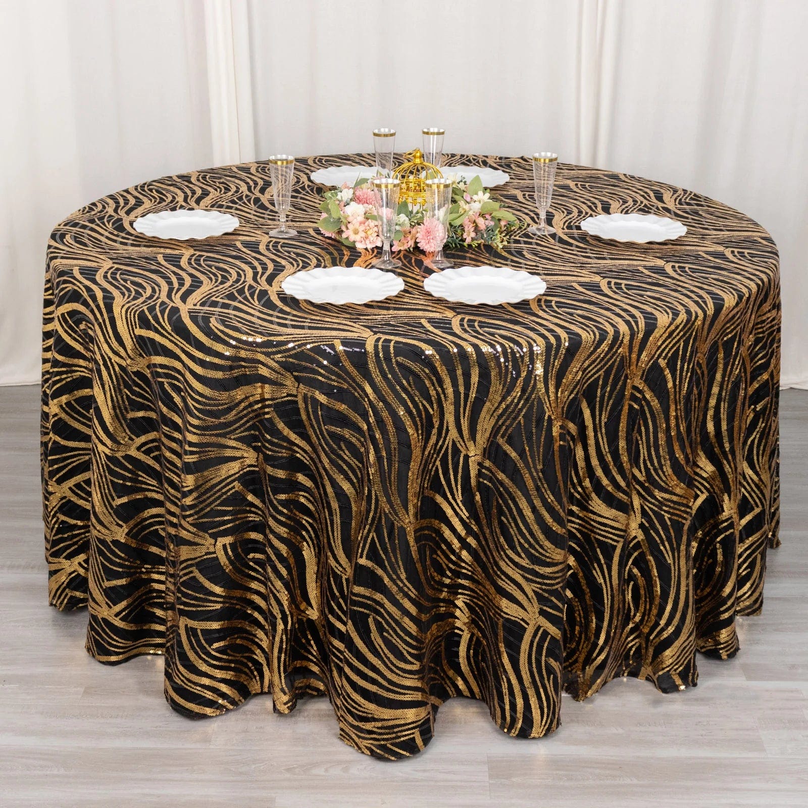 120 Mesh Round Tablecloth with Wavy Embroidered Sequins - Elegant Party Decor for Weddings, Banquets & Special Events