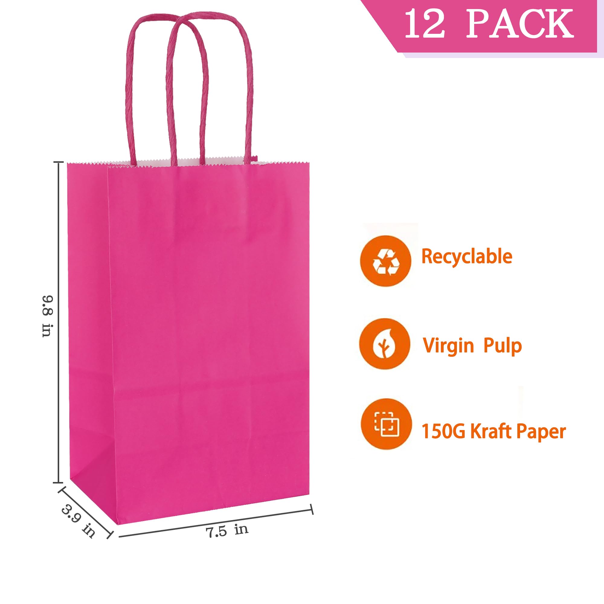 AZOWA 12-Pack Medium Kraft Paper Gift Bags with Handles - 7.5 x 3.9 x 9.8 Inches, Hot Pink - Perfect for Birthday Parties, Baby Showers & Wedding Favors