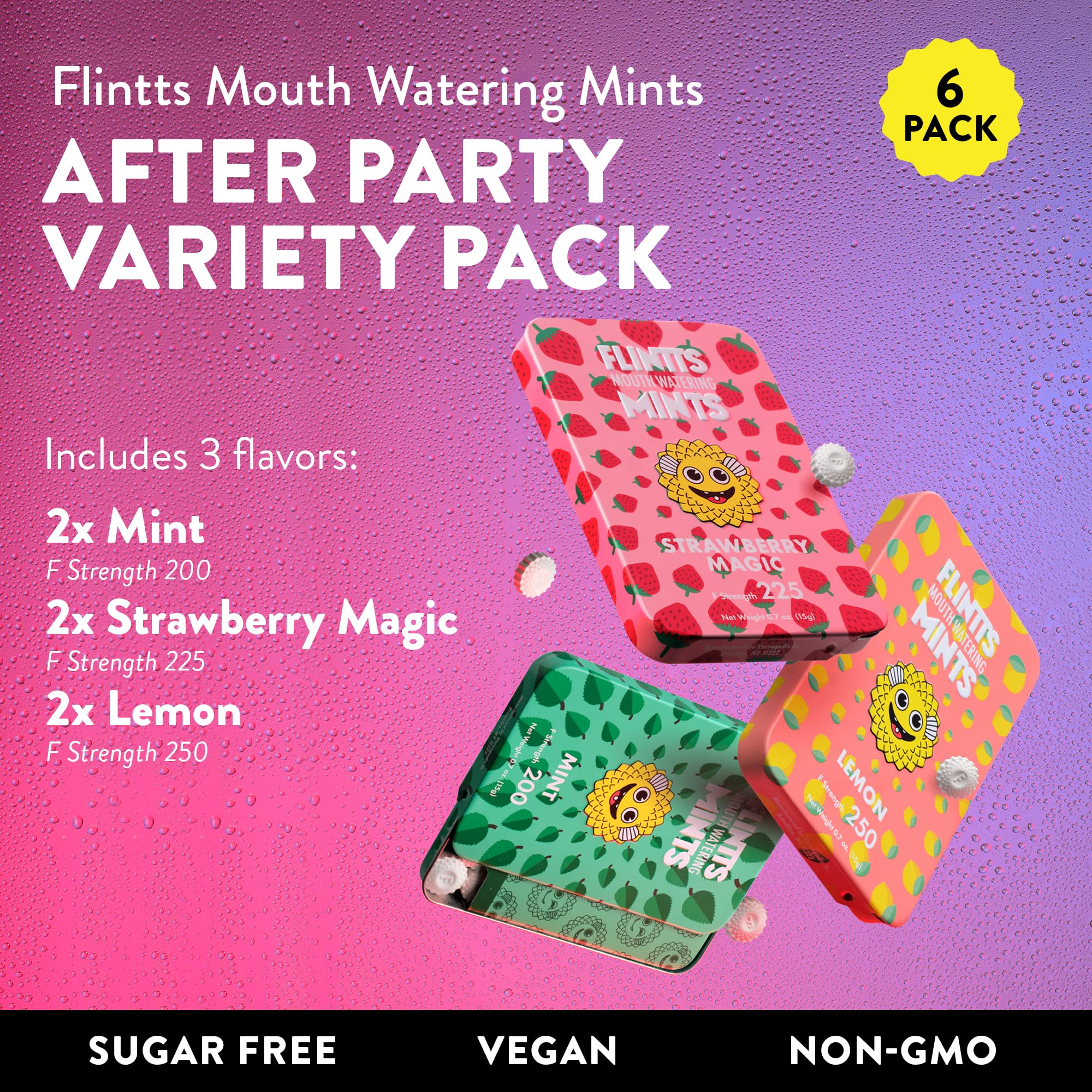 Flintts Mints 2x After Party Pack - Sugar Free Vegan Breath Mints for Fresh Breath & Oral Health (Mint, Strawberry Magic, Lemon) - Pocket Size Dry Mouth Relief - Perfect for Travel, Meetings & Social Events