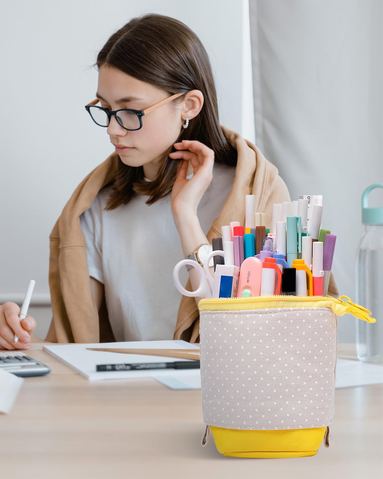 Sooez Telescopic Stand Up Pencil Case - Cute Portable Kawaii Pencil Pouch Holder for School & Office Supplies - Spacious Yellow Pen Organizer (Perfect for Desks, Backpacks & Gift Giving)
